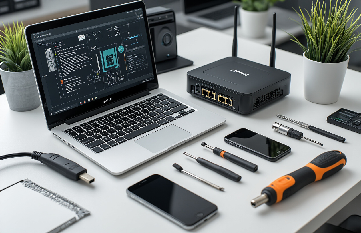 Create a realistic image of a clean, organized workspace showing essential tools for firmware installation including a laptop computer displaying connection software, USB cables, a ZTE router device, smartphone, screwdrivers, and other technical tools neatly arranged on a modern desk with good lighting, professional tech repair environment background, absolutely NO text should be in the scene.