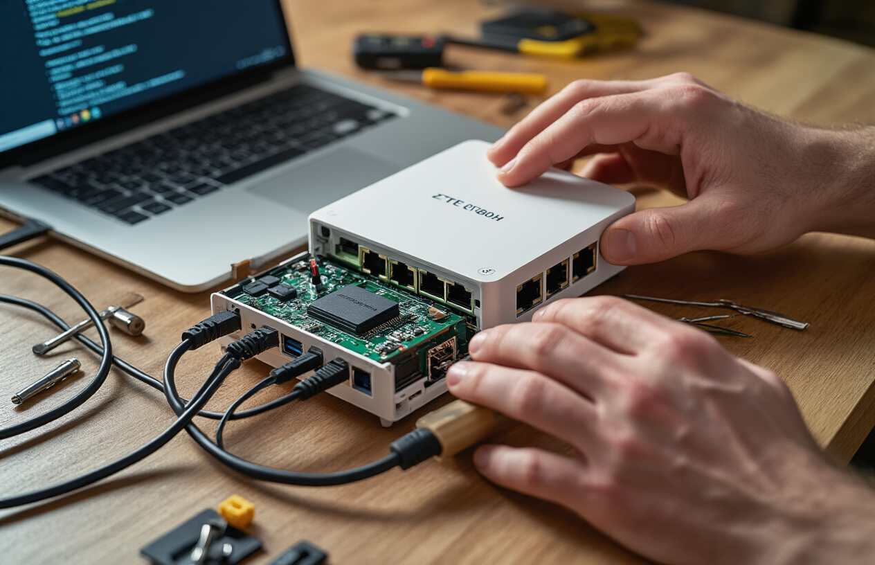 Create a realistic image of a close-up view of a white male's hands working on a ZTE B760H router device on a wooden desk, with the router partially disassembled showing internal circuit boards, multiple USB cables and connectors scattered around, a laptop computer screen displaying error messages in the background, small tools like screwdrivers nearby, warm indoor lighting creating slight shadows, conveying a technical troubleshooting atmosphere with visible frustration through tense hand positioning, absolutely NO text should be in the scene.
