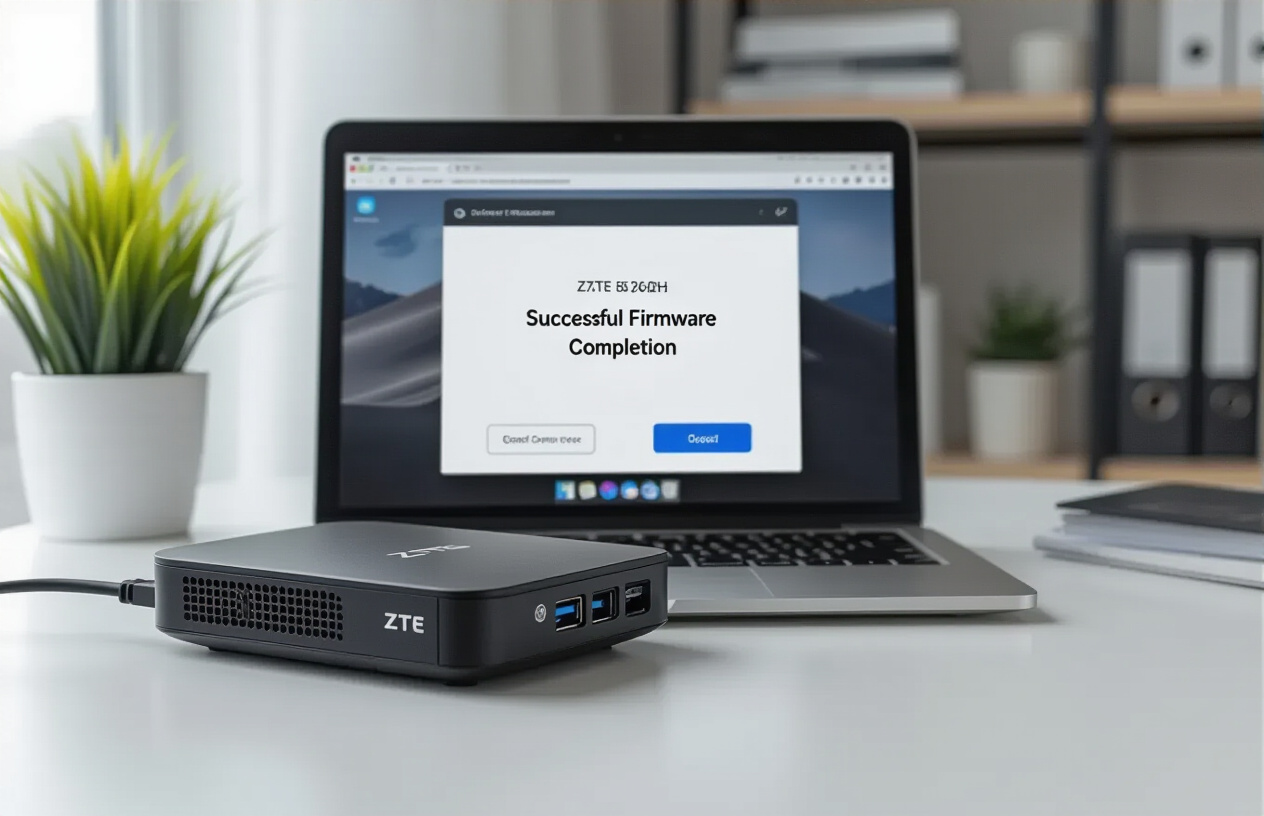 Create a realistic image of a ZTE B760H modem device sitting on a clean white desk surface next to an open laptop computer displaying a successful firmware installation completion screen, with a USB cable connecting the two devices, soft natural lighting from a window creating a professional tech workspace atmosphere, and a subtle background showing organized office shelves with technical manuals, conveying a sense of accomplishment and technical expertise after completing a firmware update process, Absolutely NO text should be in the scene.