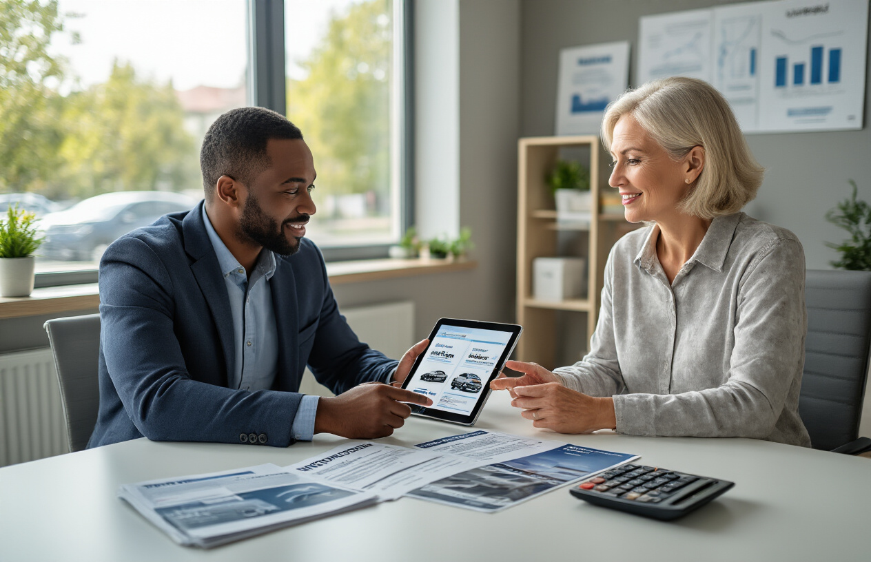 Create a realistic image of a middle-aged white female customer sitting at a modern insurance office desk across from a black male insurance agent who is showing her multiple discount options on a tablet screen, with car insurance brochures and bundled policy documents spread on the desk, calculator nearby, bright natural lighting from large windows creating a professional and welcoming atmosphere, clean office environment with motivational charts on walls in background. Absolutely NO text should be in the scene.