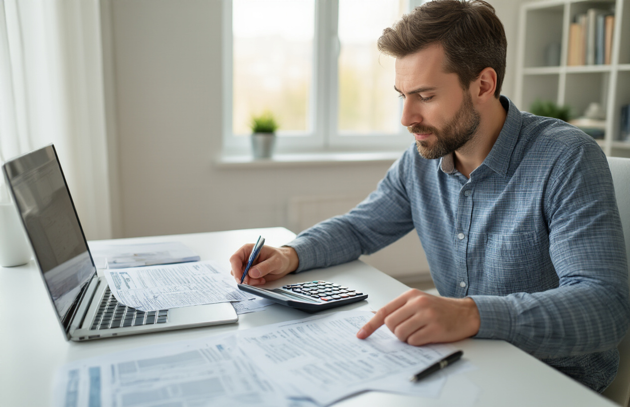 Create a realistic image of a white male in his 30s sitting at a clean modern desk with car insurance documents spread out, using a calculator and laptop to compare different coverage options and deductible amounts, with a pen in hand making notes on paperwork, shot from a slightly elevated angle in a bright home office setting with natural lighting from a window, professional and focused atmosphere. Absolutely NO text should be in the scene.