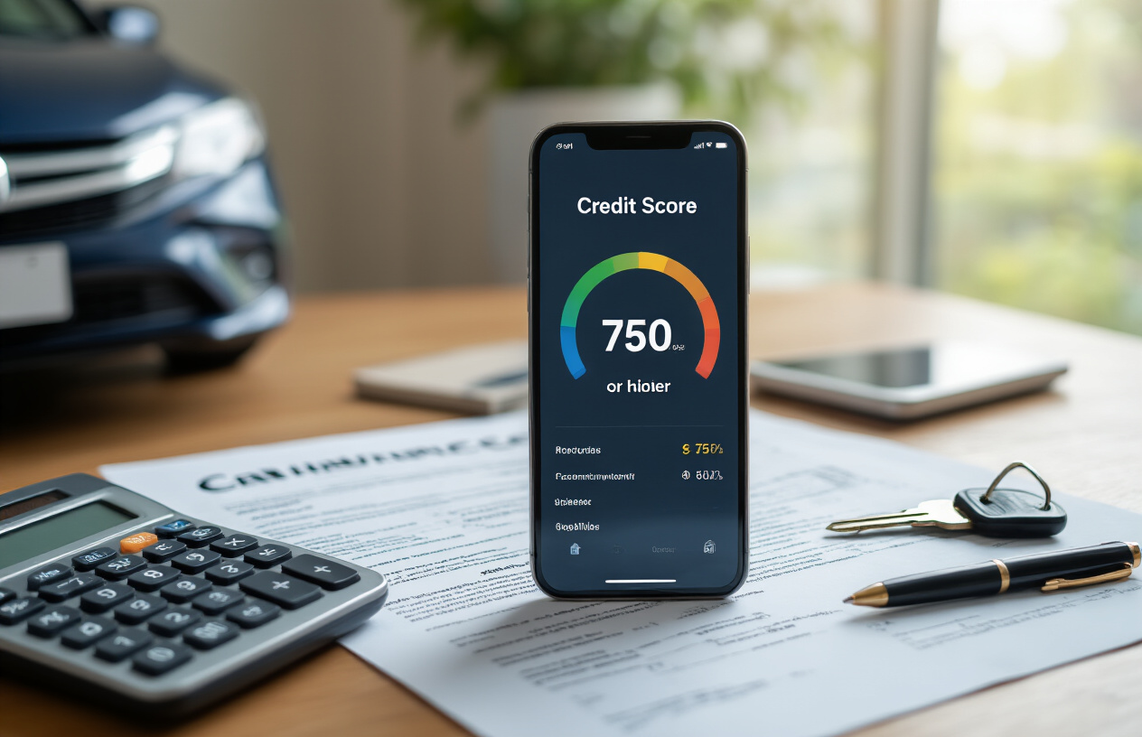 Create a realistic image of a close-up view of a smartphone screen displaying a credit score report with a score of 750 or higher, surrounded by car insurance documents and policy papers scattered on a clean wooden desk, with a calculator, pen, and car keys visible in the scene, soft natural lighting from a window creates a professional and organized atmosphere, absolutely NO text should be in the scene.