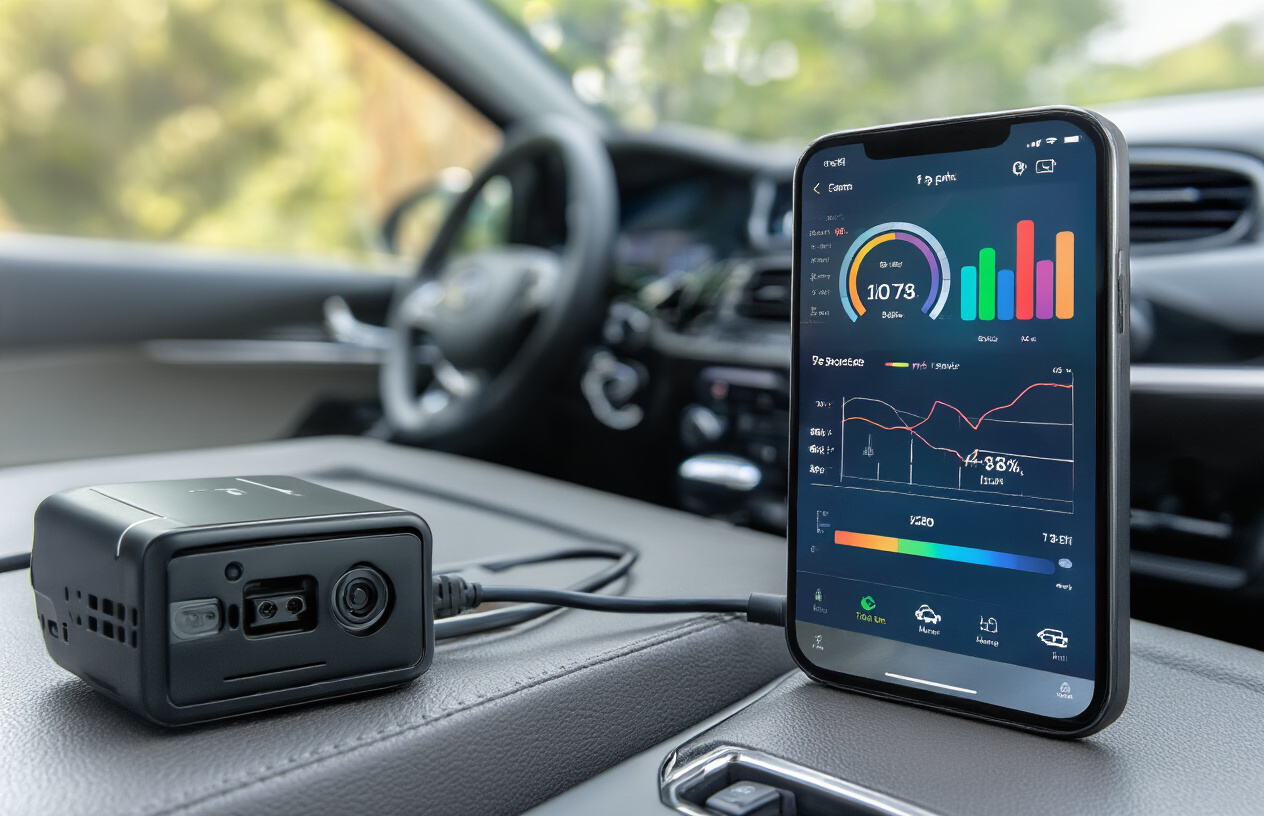 Create a realistic image of a modern smartphone displaying a car insurance telematics app interface with colorful data visualization charts and driving score metrics, placed on a car dashboard next to a small black telematics device plugged into the OBD port, with the car's interior visible including steering wheel and gear shift, soft natural lighting coming through the windshield, conveying a tech-savvy and money-saving atmosphere, absolutely NO text should be in the scene.