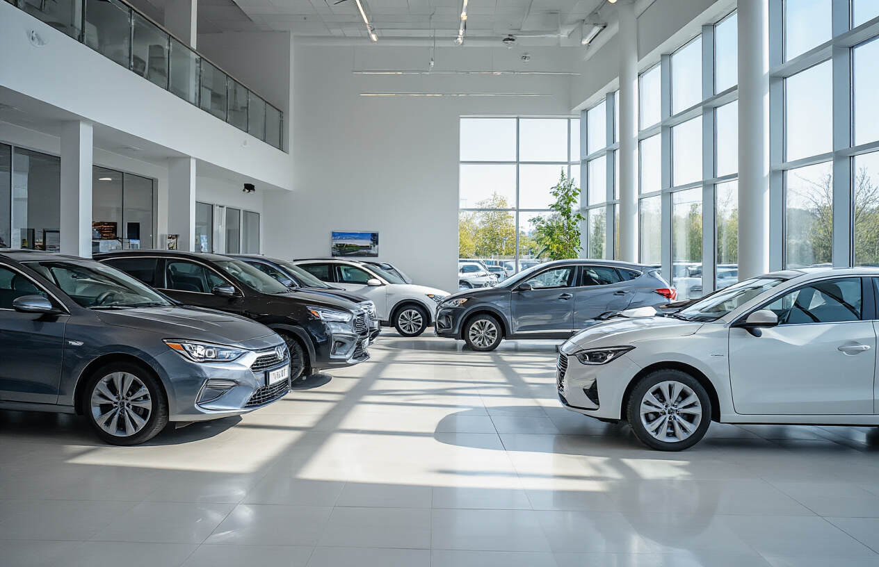 Create a realistic image of a modern car dealership showroom with various vehicles displayed including a fuel-efficient sedan, hybrid SUV, and compact car, with insurance cost rating placards visible near each vehicle, bright showroom lighting with large windows, clean white floors, and a professional atmosphere suggesting smart vehicle selection for insurance savings, absolutely NO text should be in the scene.
