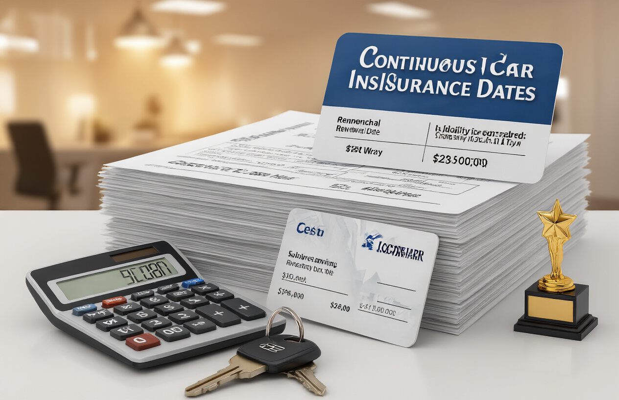 Create a realistic image of a professional insurance agent's desk with a stack of continuous car insurance policy documents showing different renewal dates, a loyalty rewards card with car insurance company logo, a calculator displaying savings amounts, car keys, and a small trophy or badge symbolizing customer loyalty, with warm office lighting and a clean business environment in the background, absolutely NO text should be in the scene.