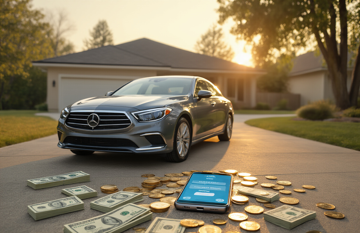 Create a realistic image of a modern sedan car parked in a driveway with a smartphone displaying a car insurance app interface lying on the car's hood, surrounded by scattered dollar bills and coins, with a suburban house in the soft-focus background, warm golden hour lighting creating a sense of financial success and smart savings, absolutely NO text should be in the scene.
