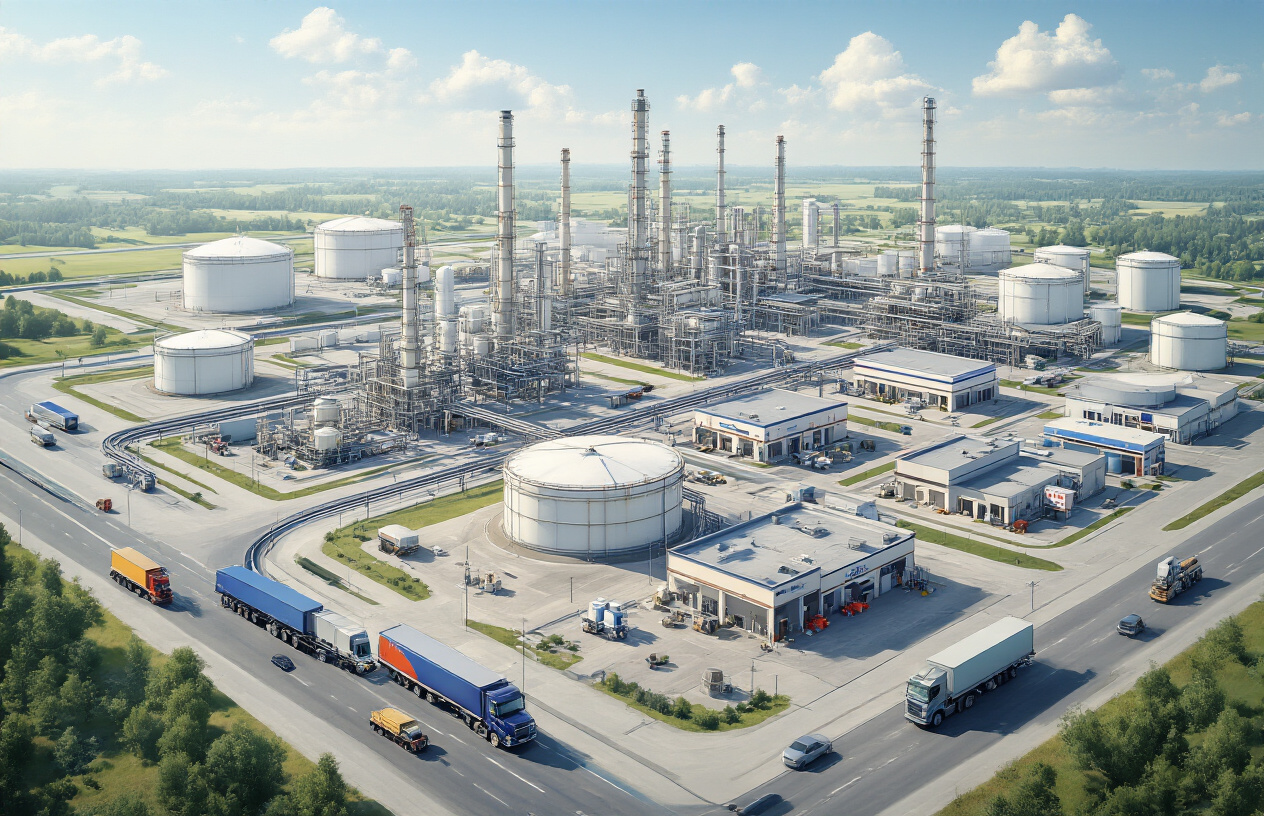 Where Can You Find a Dealer for Major Petroleum Brand Lubricants Near You? 2 2 Create a realistic image of a comprehensive petroleum lubricant distribution network diagram showing interconnected industrial facilities including oil refineries with storage tanks, regional distribution centers, and local dealer locations connected by transportation routes with delivery trucks, set against a clean white background with soft natural lighting, featuring a bird's-eye view perspective that showcases the flow of products from major petroleum facilities to smaller retail outlets, absolutely NO text should be in the scene.
