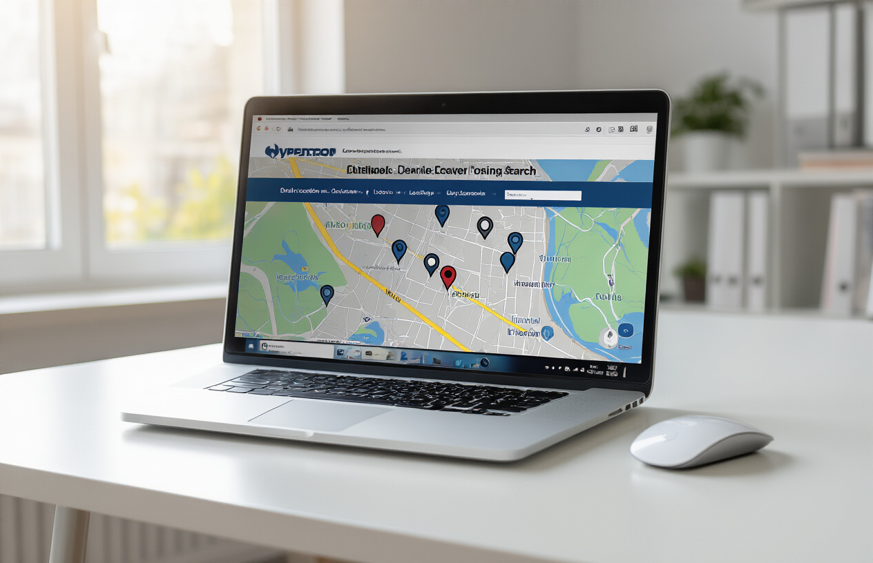 Where Can You Find a Dealer for Major Petroleum Brand Lubricants Near You? 3 3 Create a realistic image of a modern laptop computer displaying a website interface with dealer location search results, showing a map with multiple location pins, sitting on a clean white desk with a computer mouse nearby, soft natural lighting from a window, professional office environment background, Absolutely NO text should be in the scene.