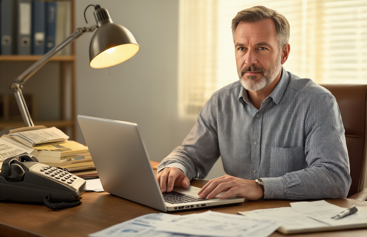 Where Can You Find a Dealer for Major Petroleum Brand Lubricants Near You? 4 4 Create a realistic image of a middle-aged white male sitting at a wooden desk with an open laptop computer, surrounded by traditional research tools including a yellow pages phone book, printed business directories, and scattered paper documents, with a landline telephone nearby, warm office lighting from a desk lamp, professional business atmosphere, papers with supplier listings visible on the desk surface, and a notepad with handwritten notes, Absolutely NO text should be in the scene.