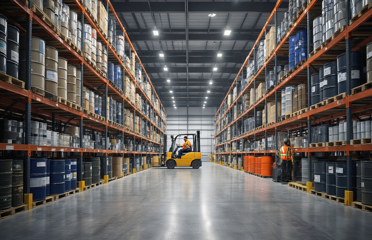 Where Can You Find a Dealer for Major Petroleum Brand Lubricants Near You? 5 5 Create a realistic image of a modern industrial warehouse interior with organized shelving systems containing various sized containers and barrels of lubricants, featuring a white male warehouse worker in safety vest operating a forklift in the background, industrial concrete floors, bright overhead LED lighting, steel storage racks extending toward the ceiling, and professional supply chain atmosphere with clean organized inventory management setup. Absolutely NO text should be in the scene.