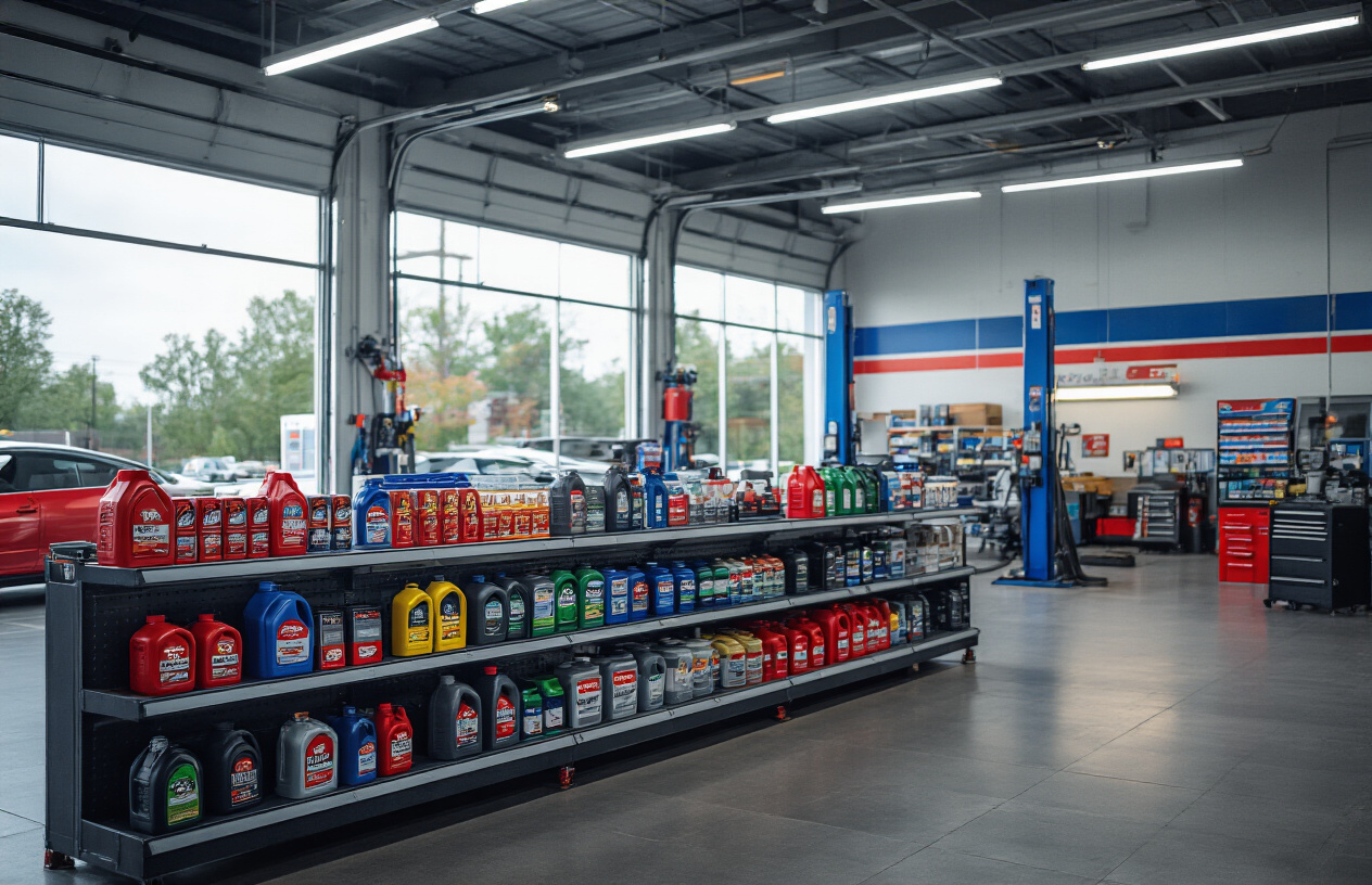 Where Can You Find a Dealer for Major Petroleum Brand Lubricants Near You? 7 7 Create a realistic image of a modern automotive service center or gas station with multiple petroleum brand lubricant displays prominently featured in the foreground, including oil bottles and containers from major brands arranged on shelves, a clean service bay with car lifts visible in the background, professional automotive equipment, bright fluorescent lighting creating a clean commercial atmosphere, and a welcoming retail environment that suggests easy accessibility for customers seeking lubricant products, absolutely NO text should be in the scene.