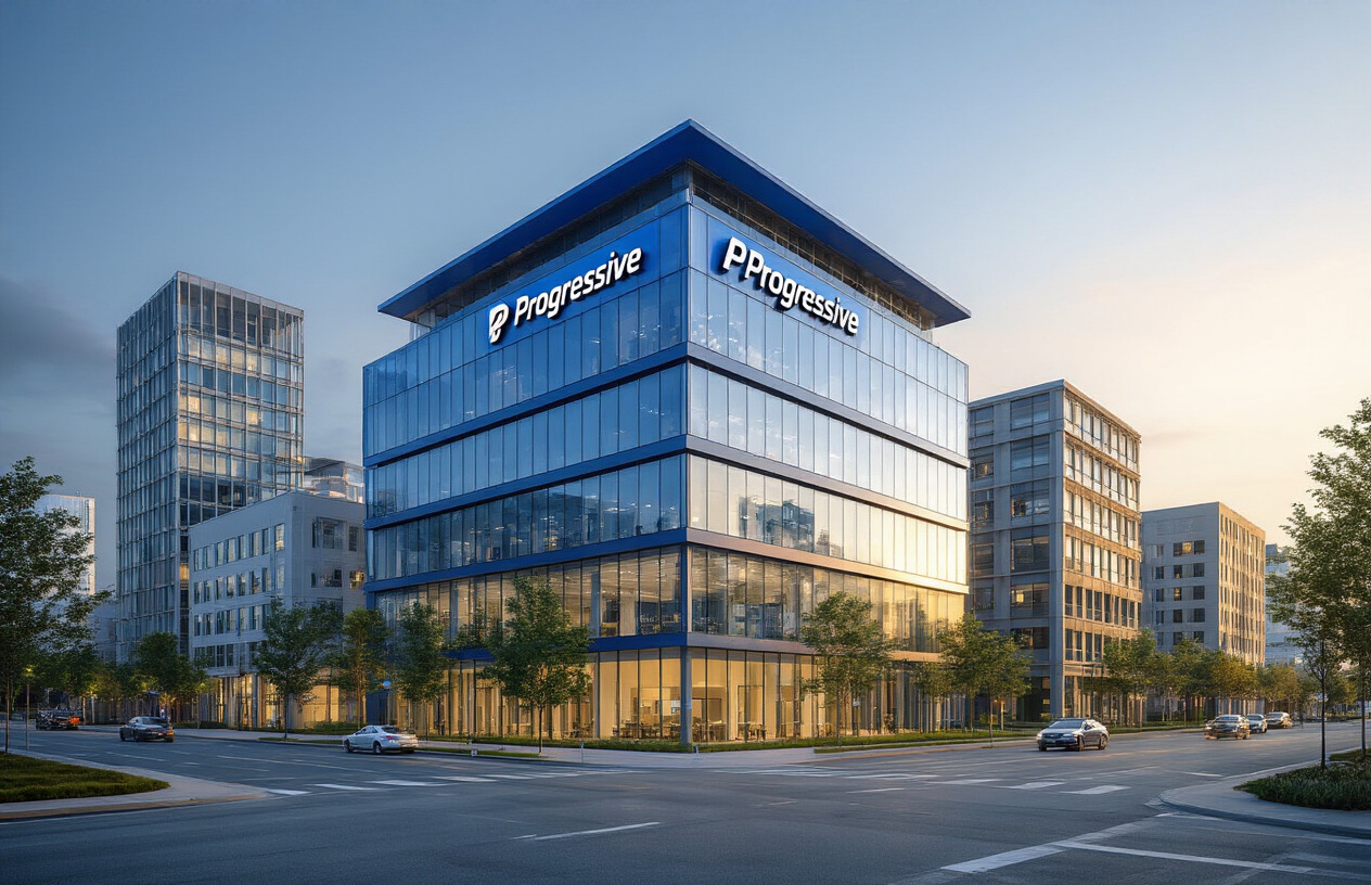 Create a realistic image of a modern corporate office building with Progressive Insurance's distinctive blue and white branding visible on the exterior, surrounded by other commercial buildings representing the competitive insurance market landscape, shot during golden hour lighting with a professional business atmosphere, featuring a clean urban environment with glass facades and contemporary architecture that conveys market leadership and corporate stability, absolutely NO text should be in the scene.