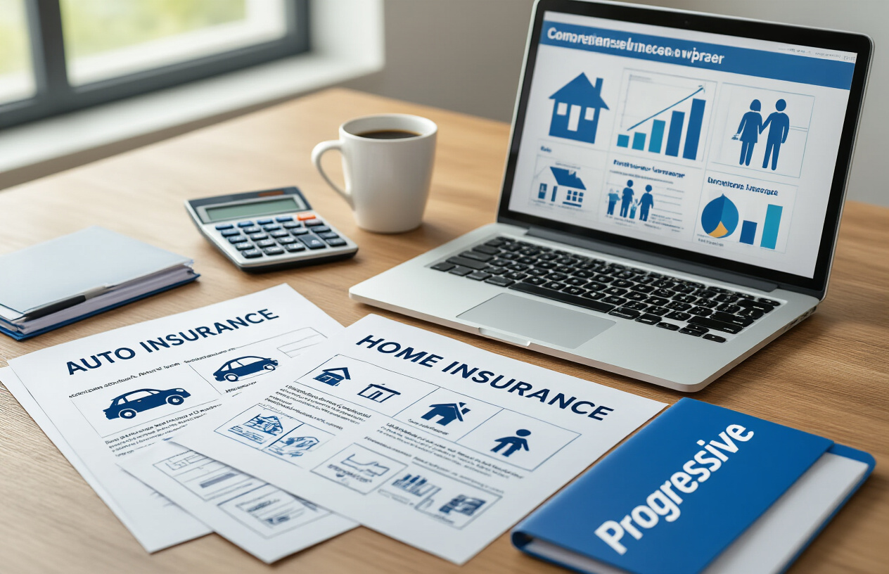 Create a realistic image of a modern office desk scene featuring multiple insurance policy documents spread across a wooden surface, including auto insurance papers with car icons, home insurance documents with house symbols, and life insurance forms with family protection imagery, alongside a laptop computer displaying colorful insurance coverage charts and graphs, with a professional calculator, blue and white Progressive Insurance branded folders, and a coffee cup, set against a clean office background with soft natural lighting from a window, creating a professional and organized atmosphere that represents comprehensive insurance coverage options. Absolutely NO text should be in the scene.