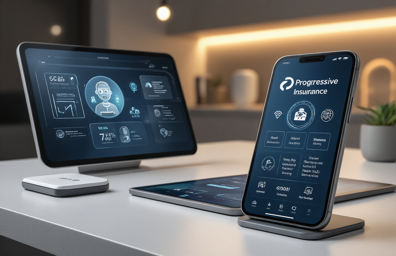 Create a realistic image of a modern, sleek smartphone displaying a Progressive Insurance mobile app interface with innovative features like AI chatbot icons, real-time tracking symbols, and digital dashboard elements, placed on a contemporary desk alongside a tablet showing advanced insurance technology graphics, with soft ambient lighting creating a professional tech-forward atmosphere, surrounded by subtle modern office elements like wireless chargers and minimalist decor, absolutely NO text should be in the scene.