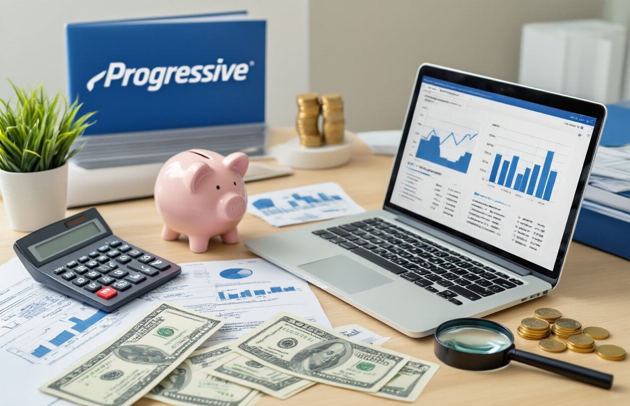 Create a realistic image of a modern office desk with financial documents, calculator, and dollar bills spread across the surface, a laptop displaying charts and graphs showing insurance pricing tiers, a magnifying glass positioned over discount opportunity sections, piggy bank and coins nearby representing savings, clean professional lighting from above, neutral office background with subtle Progressive Insurance branded elements like the company's signature blue and white colors incorporated into folders or documents, warm professional atmosphere suggesting financial planning and cost analysis, Absolutely NO text should be in the scene.