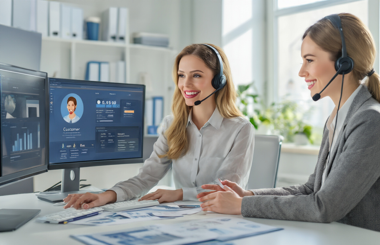 Create a realistic image of a professional customer service representative, white female, wearing a headset and business attire, sitting at a modern office desk with a computer screen showing a customer dashboard, talking warmly to help a customer, in a bright, clean office environment with soft natural lighting from windows, conveying excellent customer care and service quality, with insurance-related materials and documents organized on the desk, absolutely NO text should be in the scene.