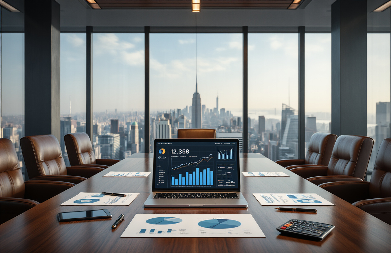 Create a realistic image of a modern corporate boardroom with a large wooden conference table displaying financial charts, graphs, and performance metrics on papers and tablets, with a sleek laptop showing upward trending data visualizations, surrounded by leather chairs, large windows revealing a city skyline in the background, professional lighting creating a confident business atmosphere, with a few expensive pens and a calculator placed strategically on the polished table surface, absolutely NO text should be in the scene.