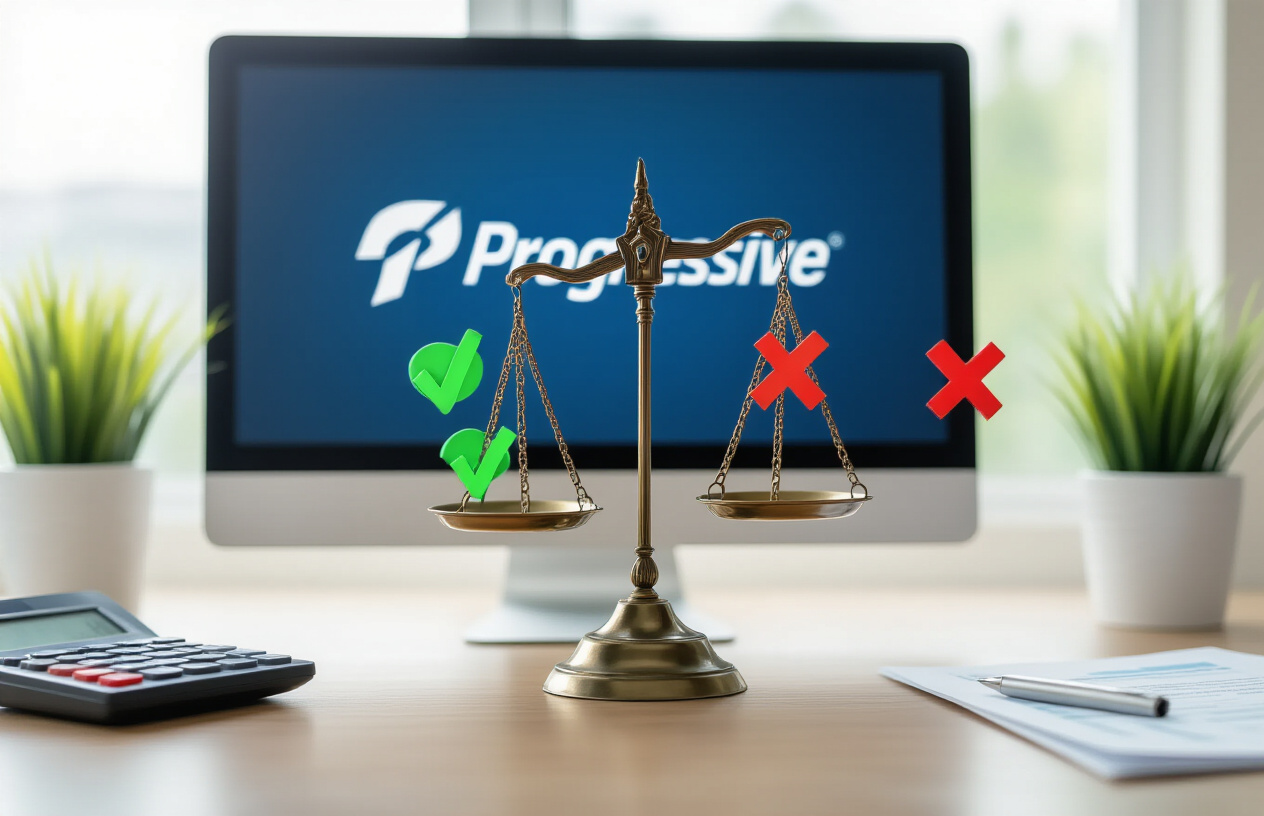 Create a realistic image of a balanced scale sitting on a modern office desk, with green checkmarks floating on one side representing pros and red X marks floating on the other side representing cons, Progressive Insurance logo visible on a computer screen in the background, clean professional office environment with soft natural lighting from a window, neat paperwork and a calculator nearby on the desk, absolutely NO text should be in the scene.