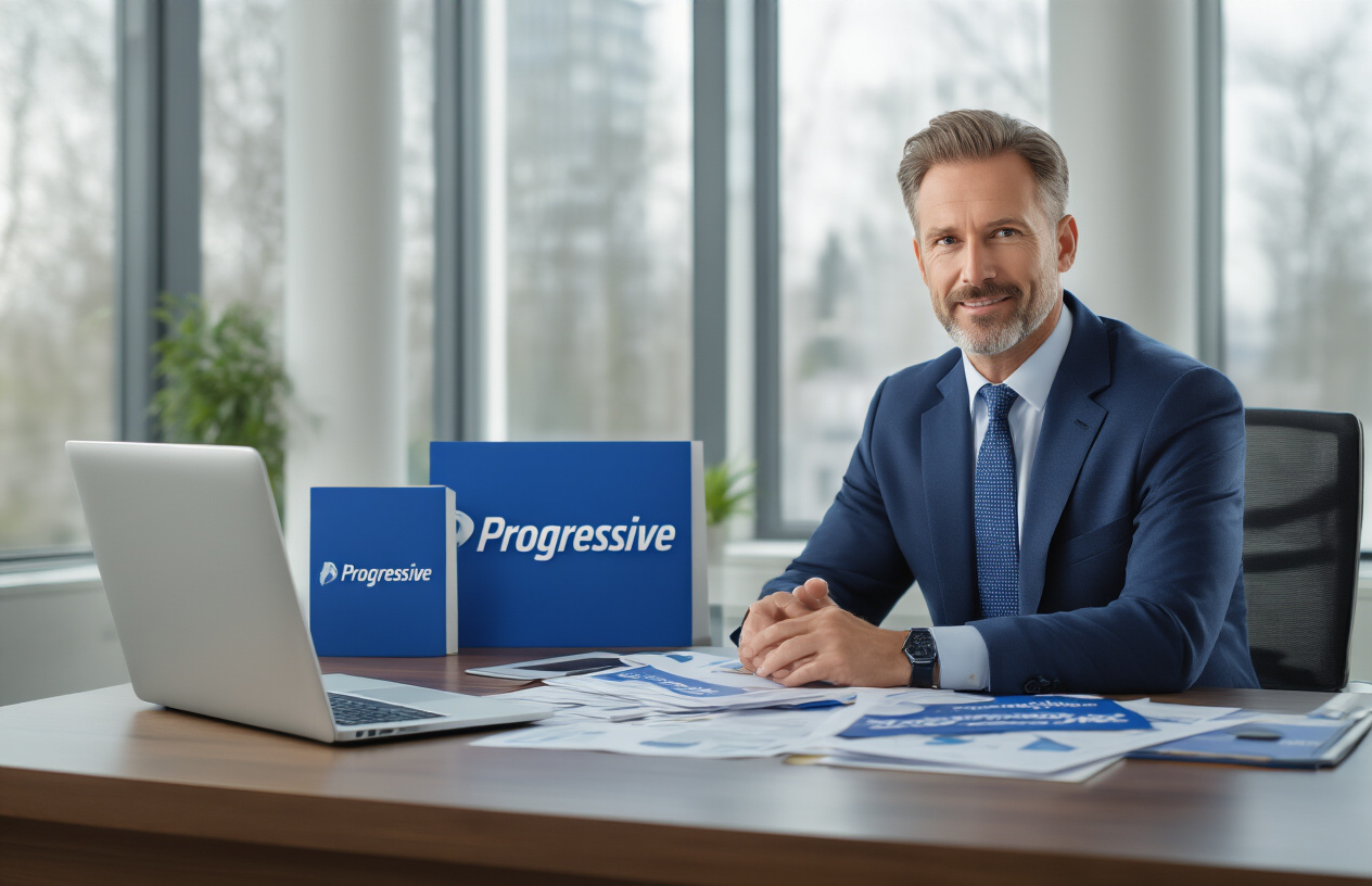 Create a realistic image of a professional white male insurance agent in a navy blue suit sitting at a modern office desk with Progressive Insurance branded materials, laptop computer, and insurance documents spread across the surface, with a confident and trustworthy expression, in a well-lit contemporary office setting with clean lines and professional atmosphere, soft natural lighting from large windows in the background, conveying expertise and reliability in the insurance industry. Absolutely NO text should be in the scene.