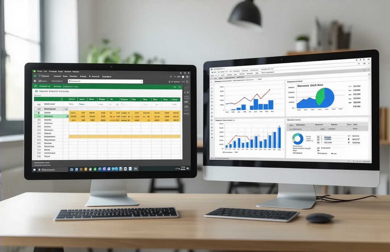 Create a realistic image of a split-screen comparison showing two computer monitors side by side, the left monitor displaying Google Sheets interface with colorful spreadsheet data and charts, the right monitor showing Microsoft Excel interface with similar financial data and graphs, both screens featuring budget calculations and financial analysis typical for Indian finance students, a modern office desk setup with a keyboard and mouse, clean contemporary workspace background, bright professional lighting, focused and analytical mood, absolutely NO text should be in the scene.
