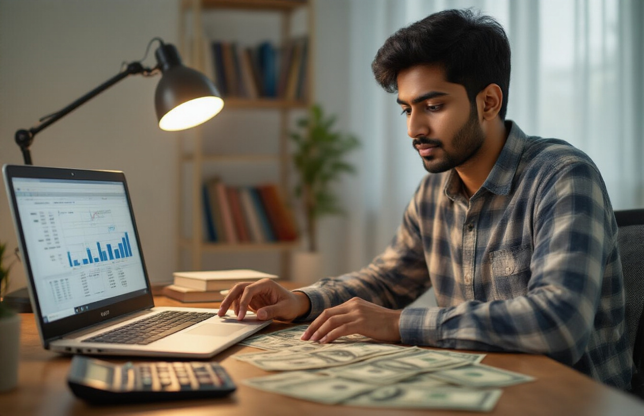 Create a realistic image of an Indian male student in his early twenties sitting at a modern desk with a laptop open, calculator, and Indian rupee currency notes spread out, comparing costs between different software options shown on his screen, with charts and financial documents visible, warm indoor lighting from a desk lamp, focused and analytical expression, modern home study environment with bookshelves in the background, absolutely NO text should be in the scene.