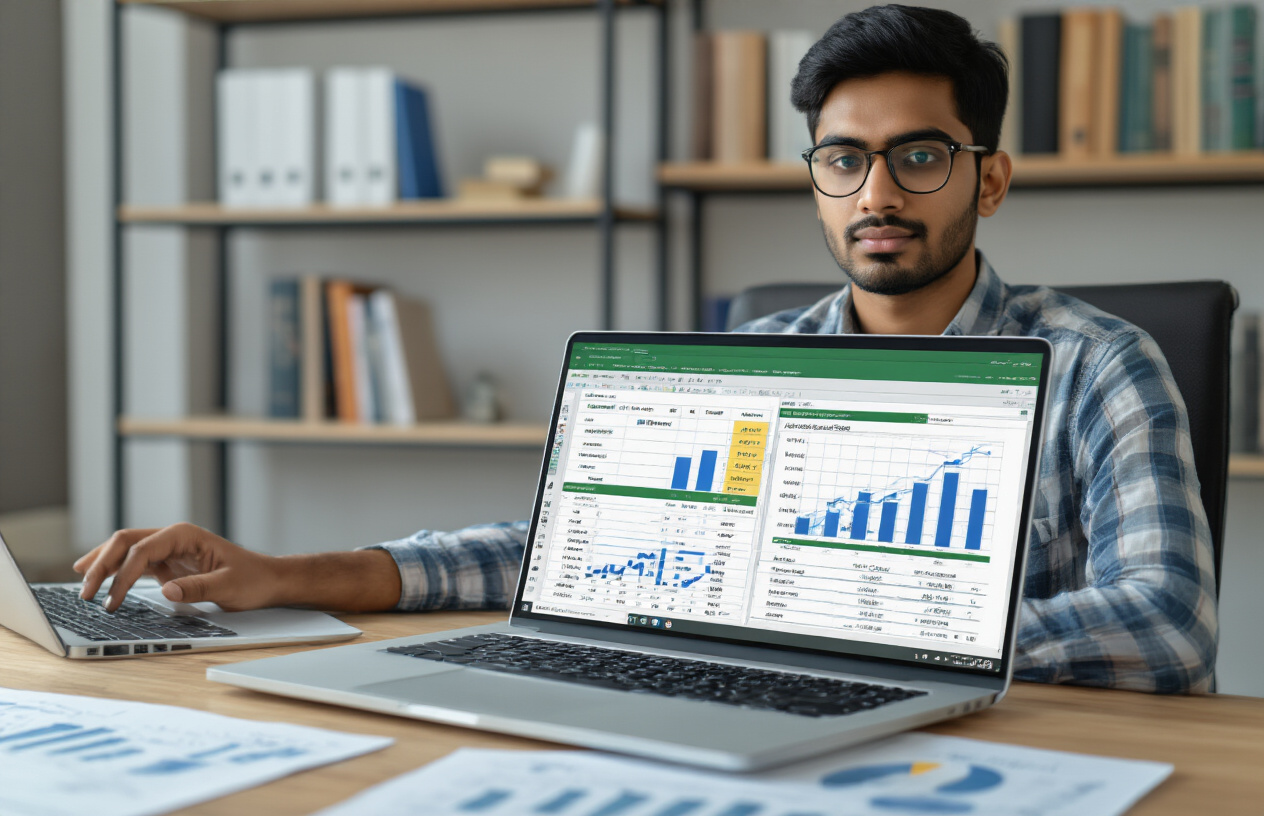 Create a realistic image of a young Indian male finance student sitting at a desk with a modern laptop displaying spreadsheet software, surrounded by financial documents and charts, with a split-screen view showing both Google Sheets and Microsoft Excel interfaces on the laptop screen, in a contemporary Indian office or study environment with good lighting, bookshelves with finance textbooks in the background, and a focused, analytical mood suggesting data analysis and performance comparison work, absolutely NO text should be in the scene.