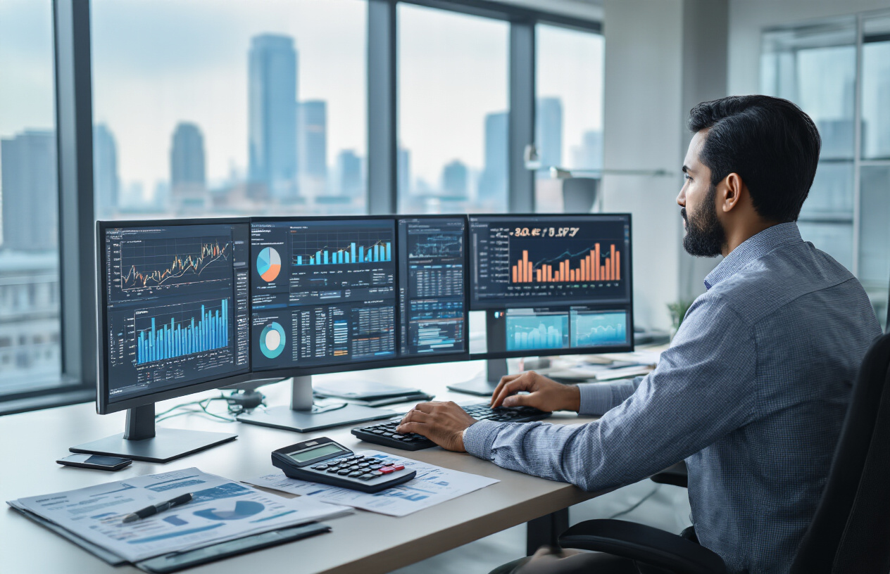Create a realistic image of an Indian male finance professional in a modern office setting working on financial analysis using spreadsheet applications, with multiple computer monitors displaying financial charts, graphs, and data tables, surrounded by financial documents and reports on a clean desk, with a corporate background featuring glass windows overlooking a city skyline, professional lighting creating a focused work atmosphere, showing the person actively analyzing data with a calculator and notepad nearby, absolutely NO text should be in the scene.
