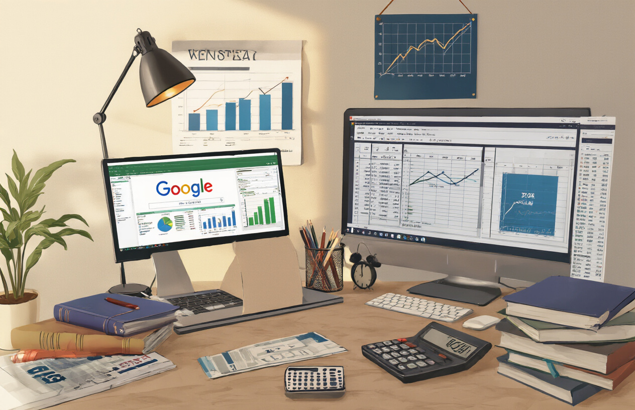 Create a realistic image of a young Indian male finance student sitting at a modern desk with both a laptop displaying Google Sheets and a desktop computer showing Microsoft Excel spreadsheets, with financial charts and graphs visible on both screens, surrounded by finance textbooks, calculator, and notebooks, in a well-lit study room with warm lighting, showing focused concentration as he compares the two software interfaces, with a growth chart poster on the wall behind him symbolizing skill development, absolutely NO text should be in the scene.