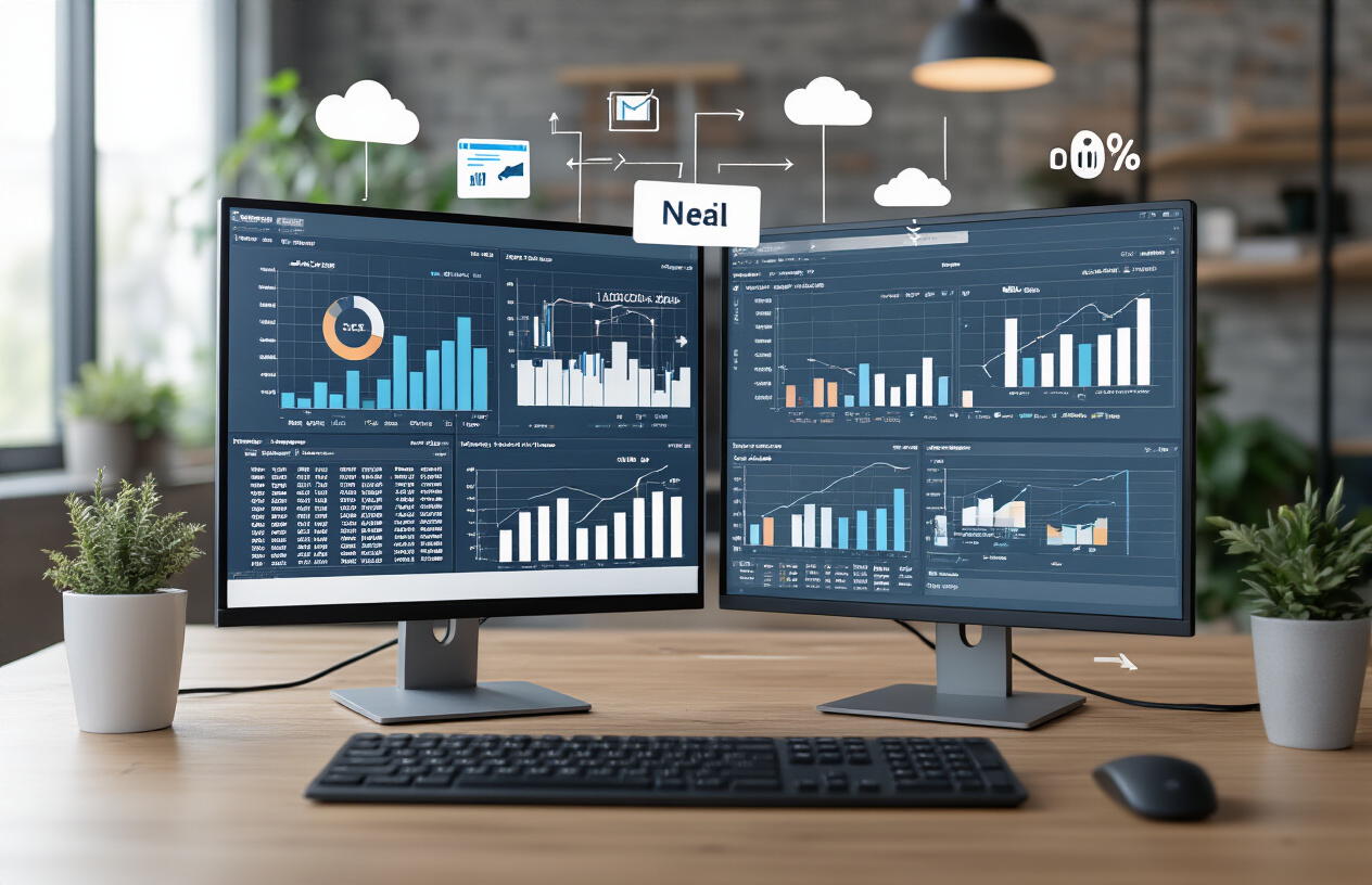 Create a realistic image of a split-screen comparison showing two computer monitors displaying spreadsheet applications with large datasets, complex financial charts and pivot tables visible on screens, multiple database icons and cloud storage symbols floating around the monitors, data flow arrows connecting various elements, a clean modern office environment with soft natural lighting, professional workspace setup with keyboards and mouse, emphasizing data scalability through visual elements like expanding graphs and increasing data volumes, absolutely NO text should be in the scene.