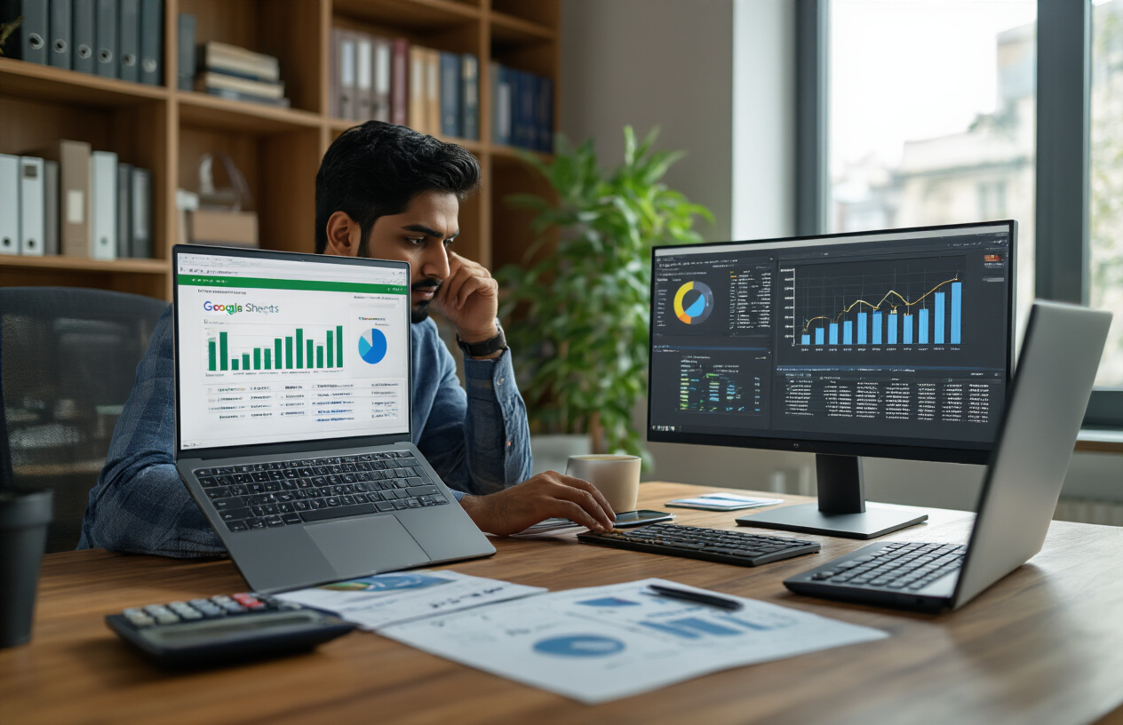 Create a realistic image of an Indian male finance professional in his late 20s sitting at a modern desk with both a laptop displaying Google Sheets and a desktop computer monitor showing Microsoft Excel spreadsheets side by side, financial charts and graphs visible on both screens, calculator and financial documents scattered on the wooden desk, bright office lighting from a window, professional business environment with bookshelves containing finance textbooks in the background, the person looking thoughtfully at both screens as if making a comparison decision, clean modern office setting with warm natural lighting, absolutely NO text should be in the scene.
