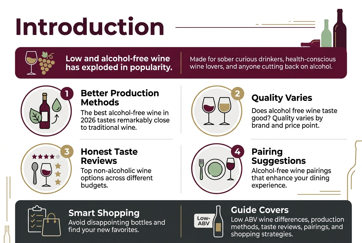Aspect ratio 3:2, full-bleed clean professional infographic, modern editorial style, white background with deep burgundy, muted gold, charcoal, and soft green accents, sans-serif fonts, strong visual hierarchy. Top left: large bold heading in dark burgundy, exact text: "Introduction" Below heading, across the upper third in a wide horizontal banner with a wine glass and grape cluster icon: exact text in a short intro block: "Low and alcohol-free wine has exploded in popularity." "Made for sober curious drinkers, health-conscious wine lovers, and anyone cutting back on alcohol." Middle section in 4 wide side-by-side or two-row content blocks with clear numbered labels and icons: 1. A circular icon showing a wine bottle beside a leaf and droplet, exact text: "Better Production Methods" "The best alcohol-free wine in 2026 tastes remarkably close to traditional wine." 2. A circular icon showing two wine glasses side by side, exact text: "Quality Varies" "Does alcohol free wine taste good? Quality varies by brand and price point." 3. A circular icon showing a tasting spoon, wine glass, and star rating, exact text: "Honest Taste Reviews" "Top non-alcoholic wine options across different budgets." 4. A circular icon showing a plate, fork, and wine glass, exact text: "Pairing Suggestions" "Alcohol-free wine pairings that enhance your dining experience." Bottom wide band split into 2 sections with simple icons: Left section with a checklist and shopping bag icon, exact text: "Smart Shopping" "Avoid disappointing bottles and find your new favorites." Right section with a small low-ABV label icon and bottle outline, exact text: "Guide Covers" "Low ABV wine differences, production methods, taste reviews, pairings, and shopping strategies." Use clear dividers, generous spacing, subtle wine-themed decorative lines and bottle silhouettes, no frame border, no centered vertical poster layout.