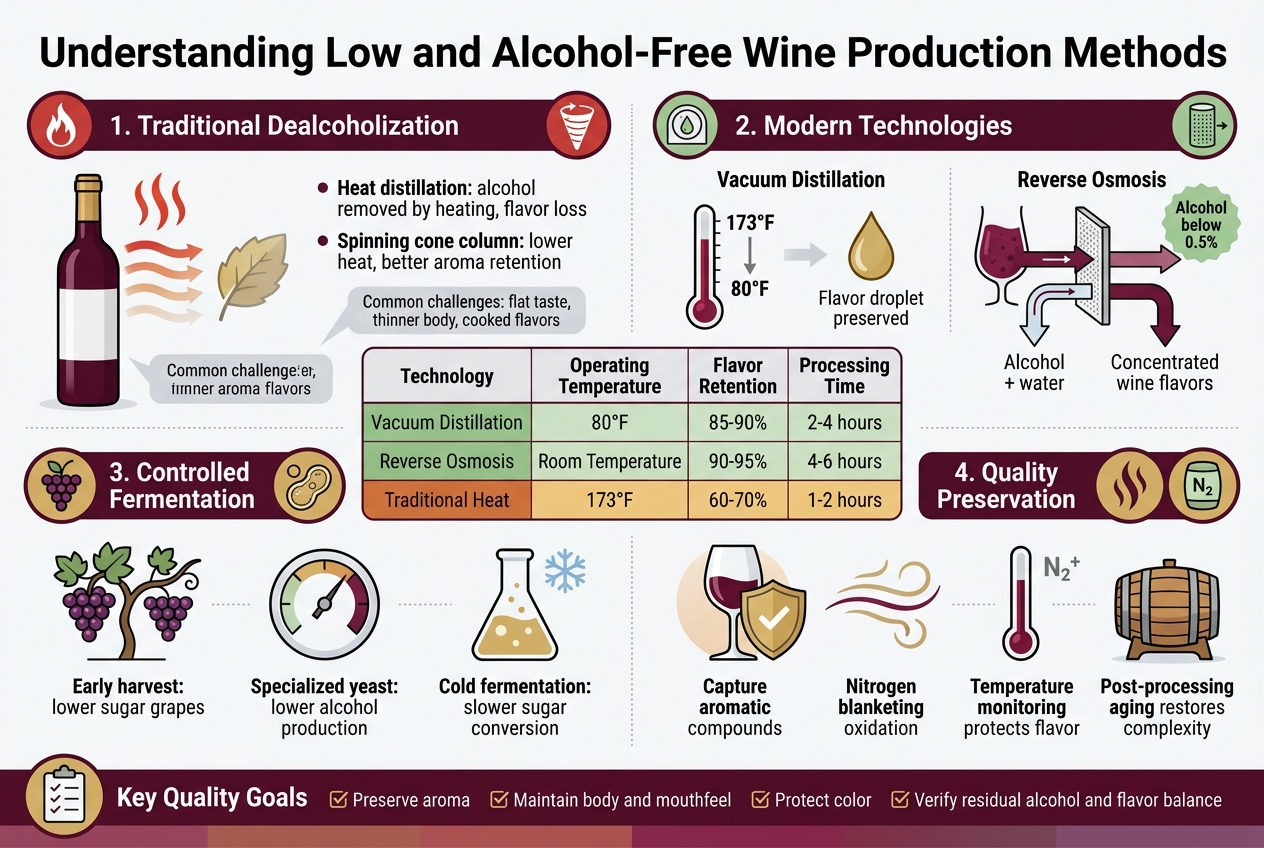 Create a clean professional infographic illustration in a 3:2 aspect ratio, full-bleed layout with no frame, using a modern editorial design in deep burgundy, warm gold, white, pale gray, and soft green accents. Use a bold sans-serif title at the top: "Understanding Low and Alcohol-Free Wine Production Methods". Arrange the infographic in a wide horizontal flow with four main sections across the page, each in a labeled block with icons and short supporting text. Section 1 on the upper left: "1. Traditional Dealcoholization" with a red heat icon and a spinning cone icon. Show a wine bottle, heat waves, and a flavor leaf fading. Include two short bullets: "Heat distillation: alcohol removed by heating, flavor loss" and "Spinning cone column: lower heat, better aroma retention". Add a small note in a muted gray callout: "Common challenges: flat taste, thinner body, cooked flavors". Section 2 on the upper right: "2. Modern Technologies" with a vacuum chamber icon and a membrane filter icon. Show two process diagrams side by side. For "Vacuum Distillation", show a thermometer dropping from "173°F" to "80°F" and a flavor droplet preserved. For "Reverse Osmosis", show wine passing through a membrane into two streams labeled "Alcohol + water" and "Concentrated wine flavors". Add a small green badge: "Alcohol below 0.5%". Place a comparison table across the center, wide and clearly readable, with column headers: "Technology", "Operating Temperature", "Flavor Retention", "Processing Time". Fill the rows exactly with: "Vacuum Distillation | 80°F | 85-90% | 2-4 hours" "Reverse Osmosis | Room Temperature | 90-95% | 4-6 hours" "Traditional Heat | 173°F | 60-70% | 1-2 hours" Use neat grid lines and color-code the rows, with modern technologies in green and traditional heat in amber/red. Section 3 on the lower left: "3. Controlled Fermentation" with a grape cluster icon, yeast cell icon, and snowflake icon. Show an early-harvest grape vine, a temperature dial, and a yeast flask. Include three compact labels: "Early harvest: lower sugar grapes", "Specialized yeast: lower alcohol production", "Cold fermentation: slower sugar conversion". Section 4 on the lower right: "4. Quality Preservation" with an aroma swirl icon, nitrogen gas icon, and oak barrel icon. Show a wine glass protected by a shield, scent lines being captured and returned, and a small aging barrel. Include four short labels: "Capture aromatic compounds", "Nitrogen blanketing prevents oxidation", "Temperature monitoring protects flavor", "Post-processing aging restores complexity". Add a bottom banner across the full width with a checklist icon and the heading "Key Quality Goals". Under it, include four checkmarked items: "Preserve aroma", "Maintain body and mouthfeel", "Protect color", "Verify residual alcohol and flavor balance". Use clear hierarchy, bold section headings, small readable body text, balanced spacing, and clean vector-style icons. Keep all text crisp and legible on a light background with subtle wine-themed gradients and modern infographic styling.