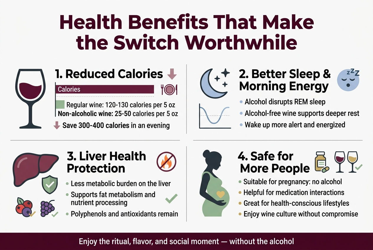 Create a clean, professional full-bleed infographic in a 3:2 aspect ratio with a modern white background, deep burgundy, soft green, gold, and charcoal accents, using bold sans-serif typography and clear visual hierarchy. Top center: large bold title in dark burgundy text: "Health Benefits That Make the Switch Worthwhile" Below the title, arrange four wide horizontal content blocks in a 2x2 grid across the page, with clear spacing, thin dividers, and simple flat icons. Top left block: A wine glass icon next to a calorie comparison graphic with two labeled bars. Text heading: "1. Reduced Calories" Include small text: "Regular wine: 120-130 calories per 5 oz" "Non-alcoholic wine: 25-50 calories per 5 oz" "Save 300-400 calories in an evening" Add a small downward arrow and a plate icon to show calorie reduction. Top right block: A moon and stars icon next to a sleeping face icon. Text heading: "2. Better Sleep & Morning Energy" Include small text: "Alcohol disrupts REM sleep" "Alcohol-free wine supports deeper rest" "Wake up more alert and energized" Use soft blue accents and a simple sleep cycle line graphic. Bottom left block: A liver icon with a shield beside it and small antioxidant berry/grape icons. Text heading: "3. Liver Health Protection" Include small text: "Less metabolic burden on the liver" "Supports fat metabolism and nutrient processing" "Polyphenols and antioxidants remain" Add a small flame or inflammation symbol crossed out and a subtle green checkmark. Bottom right block: A pregnant woman silhouette, a medication bottle icon, and a social wine glass icon with a checkmark. Text heading: "4. Safe for More People" Include small text: "Suitable for pregnancy: no alcohol" "Helpful for medication interactions" "Great for health-conscious lifestyles" "Enjoy wine culture without compromise" Use soft green and gold accents. Add a small footer ribbon across the bottom with the text: "Enjoy the ritual, flavor, and social moment — without the alcohol" Use clean iconography, balanced spacing, and a polished editorial infographic style. No photo realism, no clutter, no vertical poster layout, no inset frame.