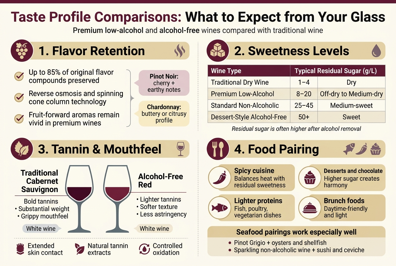 Create a clean, professional full-bleed infographic in 3:2 aspect ratio with a wide horizontal layout, modern sans-serif typography, deep wine burgundy, soft cream, muted gold, and slate gray accents, subtle wine-themed textures, and no vertical poster frame. Top header spanning full width: Bold title in large dark burgundy text: "Taste Profile Comparisons: What to Expect from Your Glass" Small subtitle beneath in gray: "Premium low-alcohol and alcohol-free wines compared with traditional wine" Main layout: four wide sections arranged in a 2x2 grid with clear dividers and icons. Top-left section with a grape cluster and aroma swirl icon: Heading: "1. Flavor Retention" Three short bullets with small check icons: "Up to 85% of original flavor compounds preserved" "Reverse osmosis and spinning cone column technology" "Fruit-forward aromas remain vivid in premium wines" Add a small comparison callout with two mini labels: "Pinot Noir: cherry + earthy notes" "Chardonnay: buttery or citrusy profile" Top-right section with a sugar cube and droplet icon: Heading: "2. Sweetness Levels" Include a clean horizontal comparison table with four rows and two columns labeled "Wine Type" and "Typical Residual Sugar (g/L)" Rows: "Traditional Dry Wine | 1–4 | Dry" "Premium Low-Alcohol | 8–20 | Off-dry to Medium-dry" "Standard Non-Alcoholic | 25–45 | Medium-sweet" "Dessert-Style Alcohol-Free | 50+ | Sweet" Add a small note line below in gray: "Residual sugar is often higher after alcohol removal" Bottom-left section with a tannin leaf and glass icon: Heading: "3. Tannin & Mouthfeel" Show two side-by-side wine glass silhouettes: Left label: "Traditional Cabernet Sauvignon" Text below: "Bold tannins • Substantial weight • Grippy mouthfeel" Right label: "Alcohol-Free Red" Text below: "Lighter tannins • Softer texture • Less astringency" Below both, add three small icon bullets: "Extended skin contact" "Natural tannin extracts" "Controlled oxidation" Add a small white wine callout: "White styles like Sauvignon Blanc and Riesling keep crisp, refreshing character" Bottom-right section with a fork, fish, chili pepper, and dessert icons: Heading: "4. Food Pairing" Create four horizontal pairing chips or cards with icons: "Spicy cuisine" — "Balances heat with residual sweetness" "Desserts and chocolate" — "Higher sugar creates harmony" "Lighter proteins" — "Fish, poultry, vegetarian dishes" "Brunch foods" — "Daytime-friendly and light" Add a final wider callout band at the bottom: "Seafood pairings work especially well" Small examples in a two-item list: "Pinot Grigio + oysters and shellfish" "Sparkling non-alcoholic wine + sushi and ceviche" Use strong visual hierarchy, bold section headings, readable text, neat alignment, generous spacing, and polished infographic styling with wine-glass, grape, sugar, tannin, and food icons. No people, no borders around the full image, no clutter.