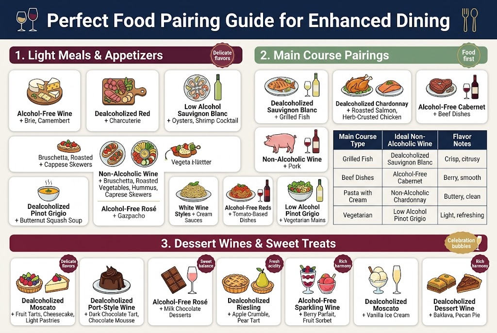 Create a clean professional full-bleed infographic in a 3:2 landscape layout with a bright culinary style, white background, deep navy headings, burgundy accents, sage green and golden highlights, modern sans-serif typography, bold title at the top, and wide multi-column sections instead of a vertical poster stack. Top header centered across the full width: "Perfect Food Pairing Guide for Enhanced Dining" Add a small elegant wine glass and fork icon beside the title. Below the title, divide the infographic into three wide horizontal sections with colored header bars and simple food-and-wine icons. Section 1 on the upper left and center, titled: "1. Light Meals & Appetizers" Use 4 illustrated pairing blocks with icons: - cheese board icon with text: "Alcohol-Free Wine + Brie, Camembert" - charcuterie board icon with text: "Dealcoholized Red + Charcuterie" - seafood icon with text: "Low Alcohol Sauvignon Blanc + Oysters, Shrimp Cocktail" - bruschetta and vegetable platter icons with text: "Non-Alcoholic Wine + Bruschetta, Roasted Vegetables, Hummus, Caprese Skewers" Add a small soup bowl icon with text beneath the section: "Dealcoholized Pinot Grigio + Butternut Squash Soup" "Alcohol-Free Rosé + Gazpacho" Section 2 across the middle, titled: "2. Main Course Pairings" Use a 2-column grid of illustrated food blocks with wine bottle and glass icons: - grilled fish icon with text: "Dealcoholized Sauvignon Blanc + Grilled Fish" - roast chicken and salmon icon with text: "Dealcoholized Chardonnay + Roasted Salmon, Herb-Crusted Chicken" - beef icon with text: "Alcohol-Free Cabernet + Beef Dishes" - pork icon with text: "Non-Alcoholic Wine + Pork" - pasta icon with text: "White Wine Styles + Cream Sauces" - tomato pasta icon with text: "Alcohol-Free Reds + Tomato-Based Dishes" - vegetarian bowl icon with text: "Low Alcohol Pinot Grigio + Vegetarian Mains" Include a neat table on the right side of this section with 3 columns and the exact text: "Main Course Type" | "Ideal Non-Alcoholic Wine" | "Flavor Notes" "Grilled Fish" | "Dealcoholized Sauvignon Blanc" | "Crisp, citrusy" "Beef Dishes" | "Alcohol-Free Cabernet" | "Berry, smooth" "Pasta with Cream" | "Non-Alcoholic Chardonnay" | "Buttery, clean" "Vegetarian" | "Low Alcohol Pinot Grigio" | "Light, refreshing" Section 3 along the bottom, titled: "3. Dessert Wines & Sweet Treats" Use colorful dessert icons and elegant sparkling wine accents: - fruit tart and cheesecake icon with text: "Dealcoholized Moscato + Fruit Tarts, Cheesecake, Light Pastries" - dark chocolate dessert icon with text: "Dealcoholized Port-Style Wine + Dark Chocolate Tart, Chocolate Mousse" - milk chocolate and rosé icon with text: "Alcohol-Free Rosé + Milk Chocolate Desserts" - apple crumble and pear tart icon with text: "Dealcoholized Riesling + Apple Crumble, Pear Tart" - berry parfait and fruit sorbet icon with text: "Alcohol-Free Sparkling Wine + Berry Parfait, Fruit Sorbet" - vanilla ice cream and prosecco icon with text: "Dealcoholized Moscato + Vanilla Ice Cream" - baklava and pecan pie icon with text: "Dealcoholized Dessert Wine + Baklava, Pecan Pie" Add small decorative labels or badges in each section: "Delicate flavors" "Food first" "Sweet balance" "Fresh acidity" "Rich harmony" "Celebration bubbles" Use clean lines, rounded cards, subtle shadows, and clear spacing. Keep text legible, balanced, and aligned. No people, no extra paragraphs, no watermark, no frame, no border, no clutter.