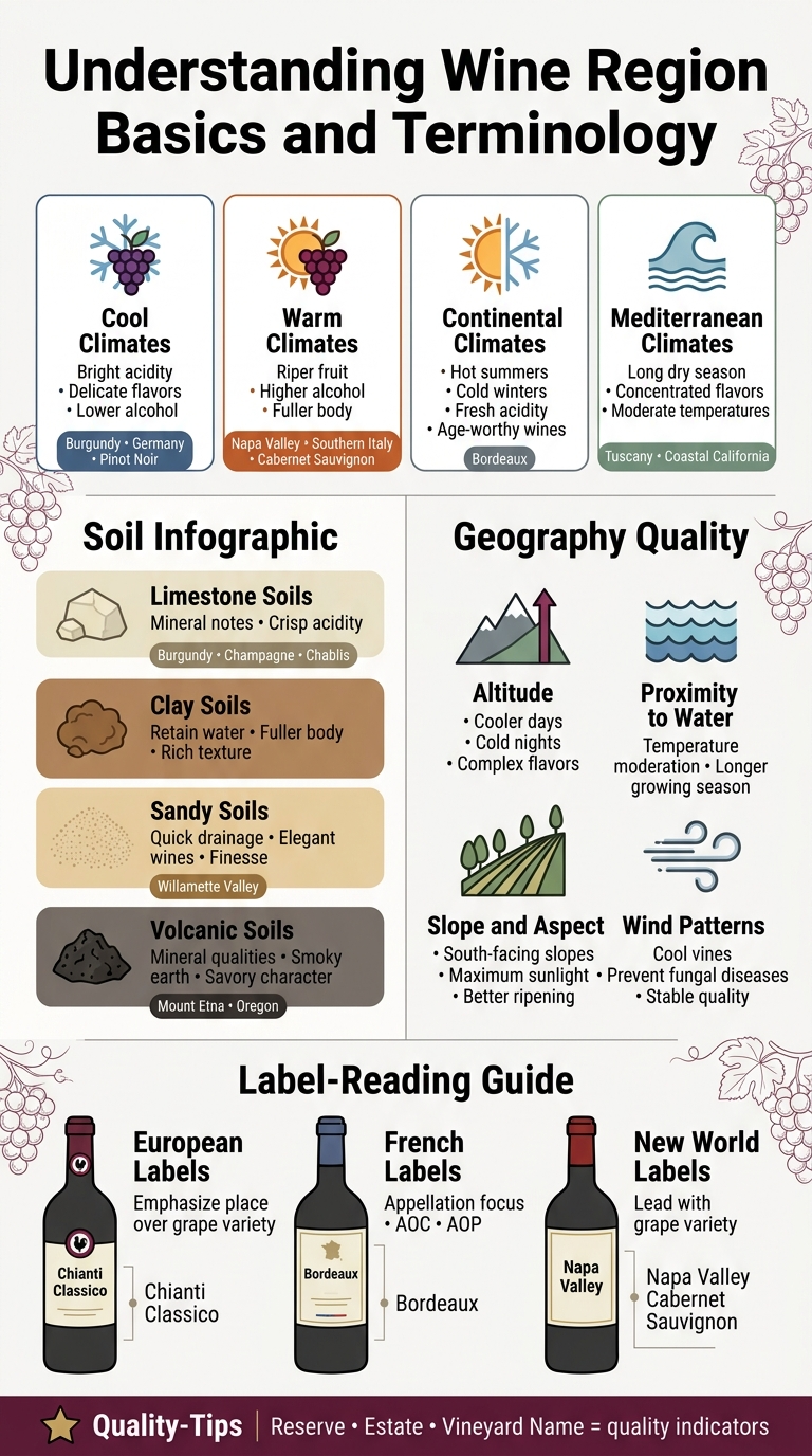 Create a clean, professional full-bleed infographic in 9:16 aspect ratio with a modern editorial style, white background, deep burgundy, gold, sage green, slate blue, and charcoal accents, using bold sans-serif headings and smaller readable sans-serif body text. Place a large bold title at the top: "Understanding Wine Region Basics and Terminology". Use a wide multi-section layout, not a narrow centered stack. Top section: a horizontal banner with four climate cards, each with a simple icon and short text. Card 1 on the left: blue snowflake-and-grape icon, heading "Cool Climates", text "Bright acidity • Delicate flavors • Lower alcohol" and small label "Burgundy • Germany • Pinot Noir". Card 2: orange sun-and-grape icon, heading "Warm Climates", text "Riper fruit • Higher alcohol • Fuller body" and small label "Napa Valley • Southern Italy • Cabernet Sauvignon". Card 3: balanced half-sun half-snow icon, heading "Continental Climates", text "Hot summers • Cold winters • Fresh acidity • Age-worthy wines" and small label "Bordeaux". Card 4: sea breeze wave icon, heading "Mediterranean Climates", text "Long dry season • Concentrated flavors • Moderate temperatures" and small label "Tuscany • Coastal California". Middle section left: a soil infographic block with four stacked or side-by-side soil panels, each with a soil texture icon and short text. Panel 1: pale stone icon, heading "Limestone Soils", text "Mineral notes • Crisp acidity" and small label "Burgundy • Champagne • Chablis". Panel 2: brown clay clump icon, heading "Clay Soils", text "Retain water • Fuller body • Rich texture". Panel 3: light tan sand grains icon, heading "Sandy Soils", text "Quick drainage • Elegant wines • Finesse" and small label "Willamette Valley". Panel 4: dark volcanic rock icon, heading "Volcanic Soils", text "Mineral qualities • Smoky earth • Savory character" and small label "Mount Etna • Oregon". Middle section right: a geography quality block with four visual icons in a grid. Use mountain icon with upward arrow for "Altitude" and text "Cooler days • Cold nights • Complex flavors". Use water-wave icon for "Proximity to Water" and text "Temperature moderation • Longer growing season". Use sloped vineyard icon for "Slope and Aspect" and text "South-facing slopes • Maximum sunlight • Better ripening". Use wind swirl icon for "Wind Patterns" and text "Cool vines • Prevent fungal diseases • Stable quality". Bottom section: a wide label-reading guide split into three columns with bottle label illustrations. Left column with a European bottle label icon and heading "European Labels" text "Emphasize place over grape variety" and example label text "Chianti Classico". Middle column with a French label icon and heading "French Labels" text "Appellation focus • AOC • AOP" and example label text "Bordeaux". Right column with a New World bottle label icon and heading "New World Labels" text "Lead with grape variety" and example label text "Napa Valley Cabernet Sauvignon". Along the very bottom, add a slim quality-tips strip with a star icon and the text: "Reserve • Estate • Vineyard Name = quality indicators". Use clear section dividers, subtle wine-themed line art of grapes and vines, and small circular markers for each bullet-like phrase. Maintain strong hierarchy, crisp spacing, and high readability.