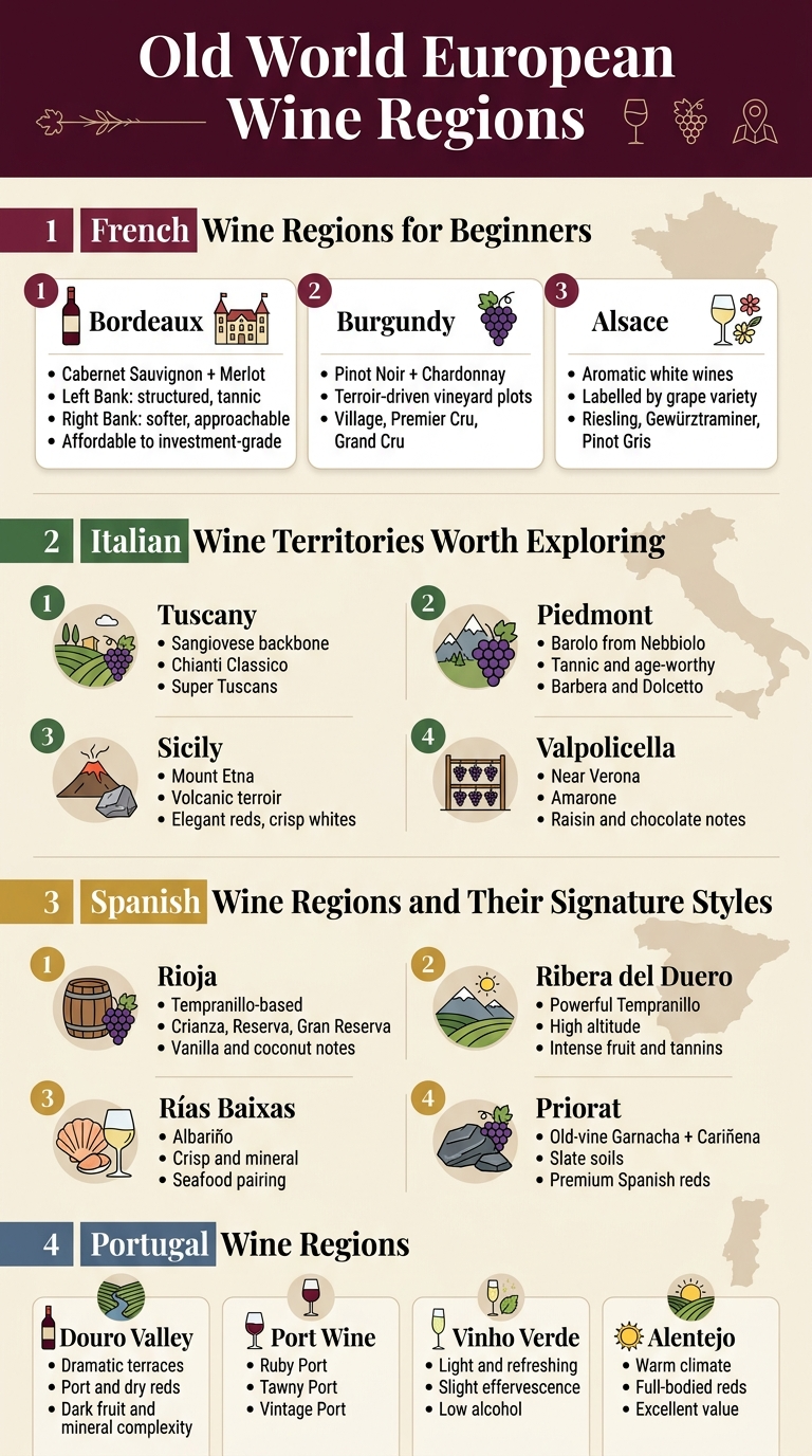 Create a full-bleed vertical infographic in 9:16 aspect ratio titled "Old World European Wine Regions" with a clean, professional editorial style, warm cream background, deep burgundy, forest green, gold, and slate blue accents, elegant serif headline and modern sans-serif body text. Top header: large bold title centered across the top, with a thin decorative wine-leaf divider and small wine-glass, grape cluster, and map-pin icons. Below the header, organize the content into four wide horizontal country sections with clear color-coded labels and small map icons, using a two-column grid where needed so the layout stays open and not narrow or centered. Section 1 on the upper left and upper right: Heading: "French Wine Regions for Beginners" Include three numbered blocks with small icons: 1. "Bordeaux" with a red wine bottle and château icon. Add short bullets: "Cabernet Sauvignon + Merlot", "Left Bank: structured, tannic", "Right Bank: softer, approachable", "Affordable to investment-grade" 2. "Burgundy" with a vineyard-row and pinot grape icon. Add short bullets: "Pinot Noir + Chardonnay", "Terroir-driven vineyard plots", "Village, Premier Cru, Grand Cru" 3. "Alsace" with a white wine glass and floral icon. Add short bullets: "Aromatic white wines", "Labelled by grape variety", "Riesling, Gewürztraminer, Pinot Gris" Section 2 across the middle left and middle right: Heading: "Italian Wine Territories Worth Exploring" Include four blocks with icons: 1. "Tuscany" with a rolling hill and grape icon. Add short bullets: "Sangiovese backbone", "Chianti Classico", "Super Tuscans" 2. "Piedmont" with a nebbiolo grape cluster and mountain icon. Add short bullets: "Barolo from Nebbiolo", "Tannic and age-worthy", "Barbera and Dolcetto" 3. "Sicily" with a volcano and mineral rock icon. Add short bullets: "Mount Etna", "Volcanic terroir", "Elegant reds, crisp whites" 4. "Valpolicella" with a drying-grapes rack icon. Add short bullets: "Near Verona", "Amarone", "Raisin and chocolate notes" Section 3 across the lower left and lower right: Heading: "Spanish Wine Regions and Their Signature Styles" Include four blocks with icons: 1. "Rioja" with an oak barrel and Tempranillo grape icon. Add short bullets: "Tempranillo-based", "Crianza, Reserva, Gran Reserva", "Vanilla and coconut notes" 2. "Ribera del Duero" with a high-altitude hill and sun icon. Add short bullets: "Powerful Tempranillo", "High altitude", "Intense fruit and tannins" 3. "Rías Baixas" with a seafood shell and white wine icon. Add short bullets: "Albariño", "Crisp and mineral", "Seafood pairing" 4. "Priorat" with slate rock and vine icon. Add short bullets: "Old-vine Garnacha + Cariñena", "Slate soils", "Premium Spanish reds" Section 4 at the bottom across full width: Heading: "Portugal Wine Regions" Use four compact blocks with icons: 1. "Douro Valley" with terraced river vineyards icon. Add short bullets: "Dramatic terraces", "Port and dry reds", "Dark fruit and mineral complexity" 2. "Port Wine" with a fortified wine glass icon. Add short bullets: "Ruby Port", "Tawny Port", "Vintage Port" 3. "Vinho Verde" with a light sparkling glass and fresh leaf icon. Add short bullets: "Light and refreshing", "Slight effervescence", "Low alcohol" 4. "Alentejo" with a sun and vineyard icon. Add short bullets: "Warm climate", "Full-bodied reds", "Excellent value" Add subtle map-outline silhouettes of France, Italy, Spain, and Portugal behind each country section at low opacity. Use clean dividing lines, rounded content cards, and small numbered badges. Keep all text crisp and legible, with strong hierarchy and generous spacing. No frame, no border, no mockup, no extra text beyond the titles, region names, and bullet phrases listed above.