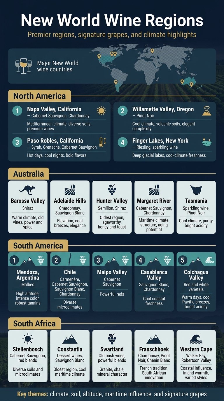 Create a clean, professional vertical infographic in 9:16 aspect ratio with a full-bleed background, no frame, no inset margins, and no narrow centered stack. Use a modern editorial style with a deep navy background, white text, teal and gold accents, subtle vineyard textures, and simple flat icons. Place a bold large title at the top center in white: "New World Wine Regions". Add a smaller subtitle directly below in light gold: "Premier regions, signature grapes, and climate highlights". Use a wide, multi-section layout with four large horizontal bands stacked down the page, each band split into two columns of content cards. Top section: a wide banner with a stylized world map outline and wine glass icon cluster, plus small labels: "Major New World wine countries". Add tiny location pin icons over each country group. Section 1 on the upper left and upper right, labeled in a gold header bar: "North America". Include four numbered cards with small grape cluster icons: 1. "Napa Valley, California" — "Cabernet Sauvignon, Chardonnay" — "Mediterranean climate, diverse soils, premium wines" 2. "Willamette Valley, Oregon" — "Pinot Noir" — "Cool climate, volcanic soils, elegant complexity" 3. "Paso Robles, California" — "Syrah, Grenache, Cabernet Sauvignon" — "Hot days, cool nights, bold flavors" 4. "Finger Lakes, New York" — "Riesling, sparkling wine" — "Deep glacial lakes, cool-climate freshness" Use icons: sun, volcano, temperature arrow, lake. Section 2 in the middle left and middle right, labeled: "Australia". Include five compact cards with kangaroo, vineyard, and ocean icons: 1. "Barossa Valley" — "Shiraz" — "Warm climate, old vines, power and spice" 2. "Adelaide Hills" — "Chardonnay, Sauvignon Blanc" — "Elevation, cool breezes, elegance" 3. "Hunter Valley" — "Semillon, Shiraz" — "Oldest region, ageworthy, honey and toast" 4. "Margaret River" — "Cabernet Sauvignon, Chardonnay" — "Maritime climate, structure, aging potential" 5. "Tasmania" — "Sparkling wine, Pinot Noir" — "Cool climate, purity, bright acidity" Section 3 in the lower left and lower right, labeled: "South America". Include four numbered cards with mountain and vineyard icons: 1. "Mendoza, Argentina" — "Malbec" — "High altitude, intense color, robust tannins" 2. "Chile" — "Carmenère, Cabernet Sauvignon, Sauvignon Blanc, Chardonnay" — "Diverse microclimates" 3. "Maipo Valley" — "Cabernet Sauvignon" — "Powerful reds" 4. "Casablanca Valley" — "Sauvignon Blanc, Chardonnay" — "Cool coastal freshness" 5. "Colchagua Valley" — "Red and white varietals" — "Warm days, cool Pacific breezes, bright acidity" Use an Andes mountain silhouette and a Pacific wave icon. Section 4 at the bottom wide band, labeled: "South Africa". Include five compact cards with sun, mountain, and ocean icons: 1. "Stellenbosch" — "Cabernet Sauvignon, red blends" — "Diverse soils and microclimates" 2. "Constantia" — "Dessert wines, Sauvignon Blanc" — "Oldest region, cool maritime climate" 3. "Swartland" — "Old bush vines, powerful blends" — "Granite, shale, mineral character" 4. "Franschhoek" — "Chardonnay, Pinot Noir, Chenin Blanc" — "French tradition, South African innovation" 5. "Western Cape" — "Walker Bay, Robertson Valley" — "Coastal influence, inland warmth, varied styles" Add a slim bottom ribbon with a highlighted summary in gold and white: "Key themes: climate, soil, altitude, maritime influence, and signature grapes". Use clean sans-serif typography, clear hierarchy, numbered markers, thin divider lines, and small illustrative icons beside each region and grape. Keep spacing balanced, readable, and polished.