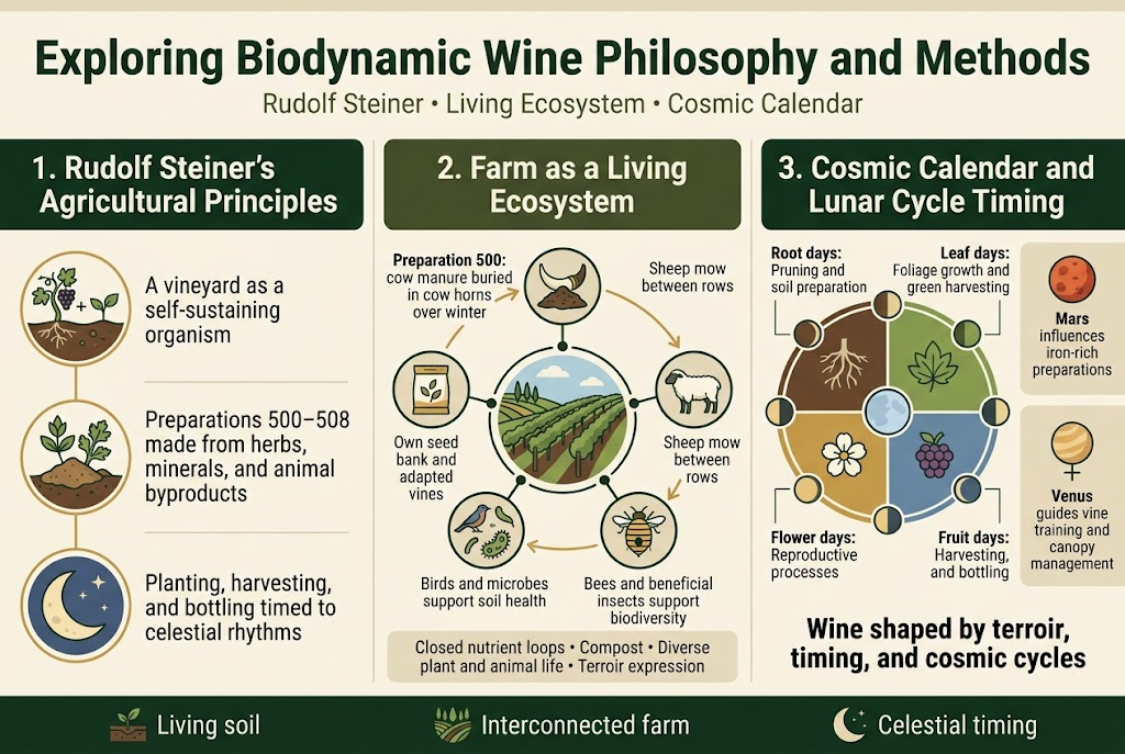 Create a clean, professional infographic illustration in a 3:2 aspect ratio with a full-bleed layout and no poster frame. Use a wide horizontal composition with a bold top header and three main content sections arranged in balanced columns. Color palette: deep vineyard green, earthy brown, warm gold, cream, and muted sky blue. Typography: bold modern sans-serif for headings, smaller readable sans-serif for body text. Use crisp flat vector icons, subtle line art, and simple diagram arrows. TOP HEADER: Large bold title centered across the top in dark green: "Exploring Biodynamic Wine Philosophy and Methods" Add a small subtitle beneath in lighter text: "Rudolf Steiner • Living Ecosystem • Cosmic Calendar" LEFT SECTION: Place a large numbered block titled "1. Rudolf Steiner's Agricultural Principles" Include three stacked visual callouts with icons: - A vine + soil icon next to text: "A vineyard as a self-sustaining organism" - A soil and herb preparation icon next to text: "Preparations 500–508 made from herbs, minerals, and animal byproducts" - A moon and stars icon next to text: "Planting, harvesting, and bottling timed to celestial rhythms" CENTER SECTION: Place a large numbered block titled "2. Farm as a Living Ecosystem" Use a central circular ecosystem diagram with a vineyard in the middle and connected icons around it: - Cow horn and compost icon with label: "Preparation 500: cow manure buried in cow horns over winter" - Sheep icon with label: "Sheep mow between rows" - Bee hive and insect icon with label: "Bees and beneficial insects support biodiversity" - Bird and microorganism icons with label: "Birds and microbes support soil health" - Seed packet or seed bank icon with label: "Own seed bank and adapted vines" Add small caption at bottom of this block: "Closed nutrient loops • Compost • Diverse plant and animal life • Terroir expression" RIGHT SECTION: Place a large numbered block titled "3. Cosmic Calendar and Lunar Cycle Timing" Show a four-part circular moon calendar or quadrant wheel with icons and labels: - Root days: "Pruning and soil preparation" - Leaf days: "Foliage growth and green harvesting" - Flower days: "Reproductive processes" - Fruit days: "Harvesting, tasting, and bottling" Add a smaller side strip with planetary icons: - Mars icon with text: "Mars influences iron-rich preparations" - Venus icon with text: "Venus guides vine training and canopy management" Finish with a bold closing line at the bottom of the right section: "Wine shaped by terroir, timing, and cosmic cycles" BOTTOM BAND: Across the bottom edge, include a subtle horizontal summary strip with three small icons and short labels: - Soil icon: "Living soil" - Vineyard ecosystem icon: "Interconnected farm" - Moon icon: "Celestial timing" Ensure all text is clearly legible, evenly spaced, and aligned within wide horizontal sections. Use clean infographics styling, minimal clutter, and strong visual hierarchy.