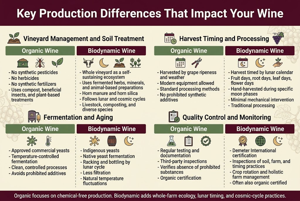 Create a clean, professional full-bleed infographic in a 3:2 aspect ratio with a wide horizontal layout, modern editorial style, and strong visual hierarchy. Use a warm wine palette: deep burgundy, muted green, cream, charcoal, and gold accents. Use bold sans-serif headline text and smaller readable sans-serif body text. Top center: large bold title in dark burgundy text: "Key Production Differences That Impact Your Wine" Below the title, arrange four wide comparison sections across the page in a balanced 2x2 grid, each section with two side-by-side columns labeled "Organic Wine" and "Biodynamic Wine". Use clear divider lines and small icons for each section. Section 1, upper left, heading with a soil and leaf icon: "Vineyard Management and Soil Treatment" Left column label: "Organic Wine" Place a green compost icon, beneficial insect icon, and leaf icon. Include short bullet text: - "No synthetic pesticides" - "No herbicides" - "No synthetic fertilizers" - "Uses compost, beneficial insects, and plant-based treatments" Right column label: "Biodynamic Wine" Place a cow horn icon, moon icon, compost icon, and diverse plant icons. Include short bullet text: - "Whole vineyard as a self-sustaining ecosystem" - "Uses fermented herbs, minerals, and animal-based preparations" - "Horn manure and horn silica" - "Follows lunar and cosmic cycles" - "Livestock, composting, and diverse species" Section 2, upper right, heading with a calendar and grape icon: "Harvest Timing and Processing" Left column label: "Organic Wine" Place a calendar icon and harvest shears icon. Include short bullet text: - "Harvested by grape ripeness and weather" - "Modern equipment allowed" - "Standard processing methods" - "No prohibited synthetic additives" Right column label: "Biodynamic Wine" Place a moon calendar icon, stars icon, and hand-harvest icon. Include short bullet text: - "Harvest timed by lunar calendar" - "Fruit days, root days, leaf days, flower days" - "Hand-harvested during specific moon phases" - "Minimal mechanical intervention" - "Traditional processing" Section 3, lower left, heading with a fermentation tank and barrel icon: "Fermentation and Aging" Left column label: "Organic Wine" Place a yeast icon and temperature gauge icon. Include short bullet text: - "Approved commercial yeasts" - "Temperature-controlled fermentation" - "Clean, controlled processes" - "Avoids prohibited additives" Right column label: "Biodynamic Wine" Place a native yeast icon, barrel icon, and moon icon. Include short bullet text: - "Indigenous yeasts" - "Native yeast fermentation" - "Racking and bottling by lunar cycle" - "Less filtration" - "Natural temperature fluctuations" Section 4, lower right, heading with a clipboard and inspection seal icon: "Quality Control and Monitoring" Left column label: "Organic Wine" Place a lab flask icon, clipboard icon, and certification checkmark icon. Include short bullet text: - "Regular testing and documentation" - "Third-party inspections" - "Verifies absence of prohibited substances" - "Organic certification" Right column label: "Biodynamic Wine" Place a certification badge icon, globe icon, and moon icon. Include short bullet text: - "Demeter International certification" - "Inspections of soil, farm, and timing practices" - "Crop rotation and holistic farm management" - "Often also organic certified" Add a thin footer band across the bottom with a simple takeaway line in centered text: "Organic focuses on chemical-free production. Biodynamic adds whole-farm ecology, lunar timing, and cosmic-cycle practices." Use subtle vineyard and grape motifs in the background, but keep text highly legible. Keep all sections evenly spaced, aligned, and easy to compare. No people, no photo collage, no frame border.