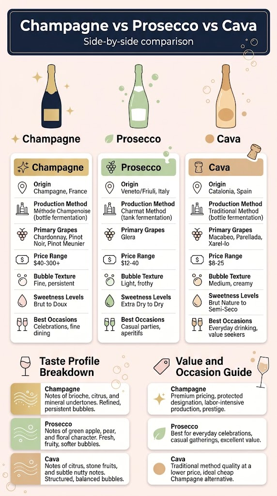 Create a clean, modern full-bleed infographic in 9:16 aspect ratio with a bold top heading in large white sans-serif text on a dark navy banner: "Champagne vs Prosecco vs Cava" and a smaller subtitle below it: "Side-by-side comparison". Use a premium wine palette of deep navy, champagne gold, blush pink, crisp white, and muted green, with subtle sparkling bubble accents. Layout: a wide top header, then a three-column comparison section, then a bottom section with taste profile and value guide. Avoid a narrow poster look; use broad horizontal blocks and balanced spacing. Top section: - Add three elegant bottle silhouette icons centered under the title: a gold champagne bottle on the left, a light green prosecco bottle in the middle, and a pale amber cava bottle on the right. - Under each bottle, place a label in bold: - "Champagne" - "Prosecco" - "Cava" Main comparison section: three equal vertical cards side-by-side across the center, each with a colored header bar and simple line icons for each row. Left card header: "Champagne" with gold accents and a star icon. Middle card header: "Prosecco" with light green accents and a grape icon. Right card header: "Cava" with warm beige accents and a cork icon. Inside each card, display these labeled rows with small icons: 1. "Origin" 2. "Production Method" 3. "Primary Grapes" 4. "Price Range" 5. "Bubble Texture" 6. "Sweetness Levels" 7. "Best Occasions" Text for Champagne card: - Origin: "Champagne, France" - Production Method: "Méthode Champenoise (bottle fermentation)" - Primary Grapes: "Chardonnay, Pinot Noir, Pinot Meunier" - Price Range: "$40-300+" - Bubble Texture: "Fine, persistent" - Sweetness Levels: "Brut to Doux" - Best Occasions: "Celebrations, fine dining" Text for Prosecco card: - Origin: "Veneto/Friuli, Italy" - Production Method: "Charmat Method (tank fermentation)" - Primary Grapes: "Glera" - Price Range: "$12-40" - Bubble Texture: "Light, frothy" - Sweetness Levels: "Extra Dry to Dry" - Best Occasions: "Casual parties, aperitifs" Text for Cava card: - Origin: "Catalonia, Spain" - Production Method: "Traditional Method (bottle fermentation)" - Primary Grapes: "Macabeo, Parellada, Xarel-lo" - Price Range: "$8-25" - Bubble Texture: "Medium, creamy" - Sweetness Levels: "Brut Nature to Semi-Seco" - Best Occasions: "Everyday drinking, value seekers" Bottom section: split into two wide blocks. Left bottom block title: "Taste Profile Breakdown" with a tasting glass icon. Use three stacked horizontal mini-panels with wave or bubble graphics: - Champagne: "Notes of brioche, citrus, and mineral undertones. Refined, persistent bubbles." - Prosecco: "Notes of green apple, pear, and floral character. Fresh, fruity, softer bubbles." - Cava: "Notes of citrus, stone fruits, and subtle nutty notes. Structured, balanced bubbles." Right bottom block title: "Value and Occasion Guide" with a price tag icon. Use three short callout cards: - Champagne: "Premium pricing, protected designation, labor-intensive production, prestige." - Prosecco: "Best for everyday celebrations, casual gatherings, excellent value." - Cava: "Traditional method quality at a lower price, ideal cheap Champagne alternative." Add small visual markers beside each wine name: gold sparkle for Champagne, green leaf/bubble for Prosecco, amber circle for Cava. Use clean sans-serif typography, strong hierarchy, and crisp white text on dark sections with dark text on light sections. Include subtle illustrations of bubbles, corks, and wine glasses as decorative accents. Ensure all text is legible and neatly aligned in a polished editorial infographic style.