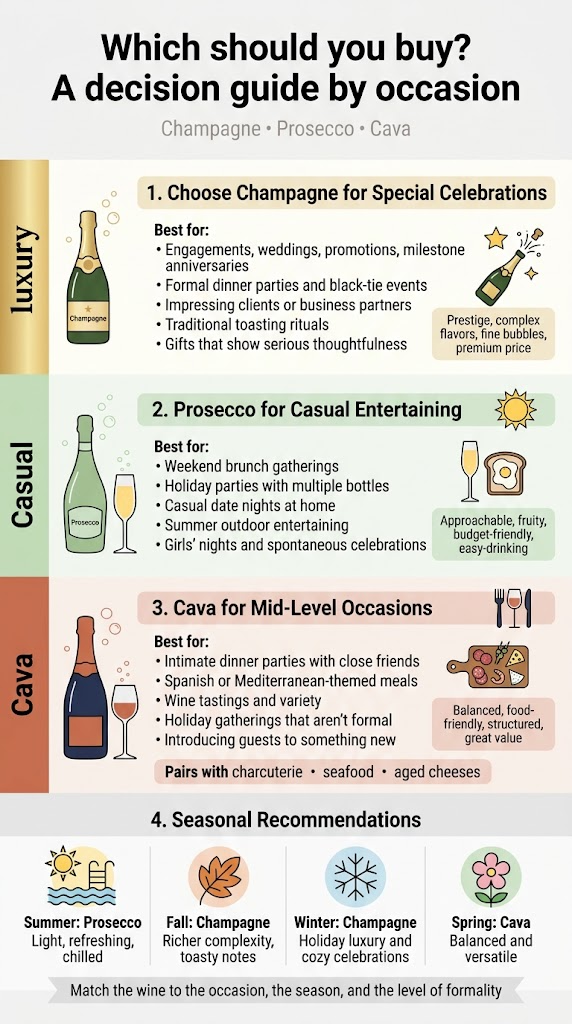 Create a full-bleed vertical infographic illustration in 9:16 aspect ratio with a clean, professional editorial style. Use a bright white background with elegant gold, blush, navy, and soft green accents. Use modern sans-serif fonts with a bold title at the top and clear section headings. Arrange the content in four wide horizontal sections stacked vertically, with simple wine-glass and bottle icons, subtle bubbles, and small food/season icons. Avoid narrow centered stacks; use a balanced multi-column layout within each section. TOP HEADER: Large bold title centered at the top: "Which should you buy? A decision guide by occasion" Add a small subtitle beneath in lighter text: "Champagne • Prosecco • Cava" SECTION 1 — left side label with gold luxury styling and a champagne bottle icon: Heading: "1. Choose Champagne for Special Celebrations" Include a gold star icon and a popping bottle icon. Body text in short bullet points: "Best for:" "• Engagements, weddings, promotions, milestone anniversaries" "• Formal dinner parties and black-tie events" "• Impressing clients or business partners" "• Traditional toasting rituals" "• Gifts that show serious thoughtfulness" Small callout box: "Prestige, complex flavors, fine bubbles, premium price" SECTION 2 — use a light green casual styling with a prosecco bottle icon and brunch glasses: Heading: "2. Prosecco for Casual Entertaining" Include a sun icon and a brunch toast icon. Body text in short bullet points: "Best for:" "• Weekend brunch gatherings" "• Holiday parties with multiple bottles" "• Casual date nights at home" "• Summer outdoor entertaining" "• Girls' nights and spontaneous celebrations" Small callout box: "Approachable, fruity, budget-friendly, easy-drinking" SECTION 3 — use warm terracotta and navy styling with a cava bottle icon and food icons: Heading: "3. Cava for Mid-Level Occasions" Include a fork-and-glass icon and a charcuterie board icon. Body text in short bullet points: "Best for:" "• Intimate dinner parties with close friends" "• Spanish or Mediterranean-themed meals" "• Wine tastings and variety" "• Holiday gatherings that aren't formal" "• Introducing guests to something new" Small callout box: "Balanced, food-friendly, structured, great value" Add a small pairing strip: "Pairs with charcuterie • seafood • aged cheeses" SECTION 4 — seasonal recommendation band across the bottom with four small icon panels: Heading: "4. Seasonal Recommendations" Create four side-by-side mini-panels with icons: Summer panel with sun and pool icon: "Summer: Prosecco" "Light, refreshing, chilled" Fall panel with leaf icon: "Fall: Champagne" "Richer complexity, toasty notes" Winter panel with snowflake icon: "Winter: Champagne" "Holiday luxury and cozy celebrations" Spring panel with flower icon: "Spring: Cava" "Balanced and versatile" Bottom summary ribbon: "Match the wine to the occasion, the season, and the level of formality" Design details: Use colored section headers, subtle dividers, clean spacing, and small decorative bubbles around wine icons. Keep all text sharp and readable. Emphasize the hierarchy with large heading, medium section titles, and concise bullet text. No photo elements, only polished infographic illustration.
