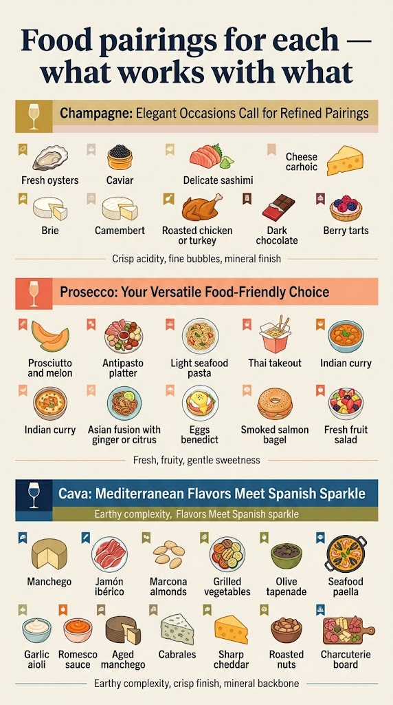 Create a full-bleed vertical infographic in 9:16 aspect ratio with a clean modern editorial style, warm off-white background, deep navy headline text, and accent colors of gold, blush, coral, seafoam, and Mediterranean blue. Use crisp sans-serif fonts with strong hierarchy. Place a bold title across the top: “Food pairings for each — what works with what”. Below the title, arrange three wide horizontal sections stacked vertically, each with a colored header bar, a wine glass icon, and 3–4 illustrated food pairings shown as small labeled icons or mini food illustrations in neat rows. Section 1: “Champagne: Elegant Occasions Call for Refined Pairings” in gold accents. Include small icons and labels for: • “Fresh oysters” • “Caviar” • “Delicate sashimi” • “Brie” • “Camembert” • “Roasted chicken or turkey” • “Dark chocolate” • “Berry tarts” Add a thin caption line: “Crisp acidity, fine bubbles, mineral finish” Section 2: “Prosecco: Your Versatile Food-Friendly Choice” in coral and peach accents. Include icons and labels for: • “Prosciutto and melon” • “Antipasto platter” • “Light seafood pasta” • “Thai takeout” • “Indian curry” • “Asian fusion with ginger or citrus” • “Eggs benedict” • “Smoked salmon bagel” • “Fresh fruit salad” Add a thin caption line: “Fresh, fruity, gentle sweetness” Section 3: “Cava: Mediterranean Flavors Meet Spanish Sparkle” in deep blue and olive accents. Include icons and labels for: • “Manchego” • “Jamón ibérico” • “Marcona almonds” • “Grilled vegetables” • “Olive tapenade” • “Seafood paella” • “Garlic aioli” • “Romesco sauce” • “Aged manchego” • “Cabrales” • “Sharp cheddar” • “Roasted nuts” • “Charcuterie board” Add a thin caption line: “Earthy complexity, crisp finish, mineral backbone” Use small icon markers next to each pairing: oyster shell, cheese wedge, chicken drumstick, chocolate bar, berry tart, prosciutto slice, melon wedge, curry bowl, eggs benedict plate, salmon bagel, tapas plate, paella pan, olive bowl, nut bowl, charcuterie board. Keep layouts balanced, with clear spacing, subtle divider lines, and strong contrast. No borders or poster frame. Ensure all text is legible and neatly aligned within each section.
