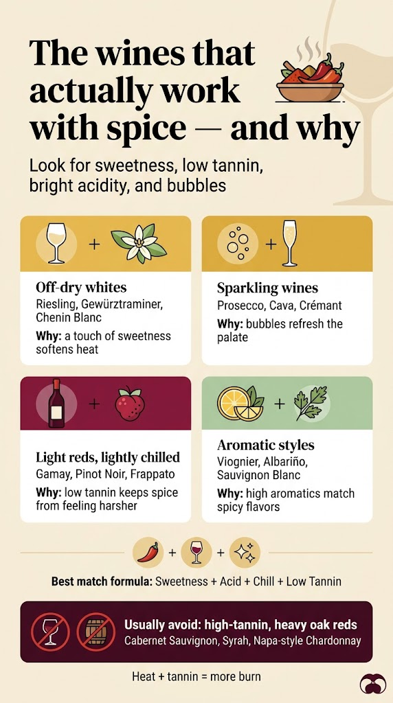 Full-bleed vertical infographic, aspect ratio 9:16, clean modern editorial design, warm cream background with deep burgundy, chili red, golden yellow, and soft green accents. Bold top heading in large elegant serif font: "The wines that actually work with spice — and why". Subheading beneath in smaller sans-serif: "Look for sweetness, low tannin, bright acidity, and bubbles". Use a wide, balanced multi-section layout with 4 horizontal cards across the middle and one warning bar near the bottom, not a narrow centered stack. Each card has a clear icon and bold label. Top section: a small spice illustration with peppers and steam next to the title, subtle wine glass motif in the background. Middle row, four colored cards: 1. Left card with a white wine glass icon and a lime blossom icon. Text: "Off-dry whites" / "Riesling, Gewürztraminer, Chenin Blanc" / "Why: a touch of sweetness softens heat". 2. Second card with a bubbles icon and champagne flute. Text: "Sparkling wines" / "Prosecco, Cava, Crémant" / "Why: bubbles refresh the palate". 3. Third card with a red wine bottle icon and low-tannin berry icon. Text: "Light reds, lightly chilled" / "Gamay, Pinot Noir, Frappato" / "Why: low tannin keeps spice from feeling harsher". 4. Fourth card with a citrus and herb icon. Text: "Aromatic styles" / "Viognier, Albariño, Sauvignon Blanc" / "Why: high aromatics match spicy flavors". Bottom wide warning bar in dark burgundy with a crossed-out tannin icon and oak barrel icon. Text: "Usually avoid: high-tannin, heavy oak reds" / "Cabernet Sauvignon, Syrah, Napa-style Chardonnay". Small note beneath: "Heat + tannin = more burn". Add a simple center-bottom pairing strip with three small icons: chili pepper + wine glass + sparkle, labeled "Best match formula: Sweetness + Acid + Chill + Low Tannin". Clean professional typography, strong hierarchy, crisp vector illustration style, subtle shadows, minimal clutter, high contrast, polished infographic layout.