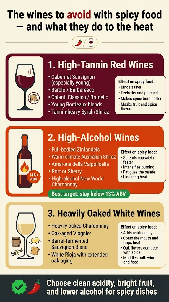 Full-bleed vertical infographic, aspect ratio 9:16, clean modern editorial design, rich culinary wine palette with deep burgundy, chili red, warm orange, cream, dark charcoal, and subtle gold accents. Bold title across the top in large sans-serif font: "The wines to avoid with spicy food — and what they do to the heat". Under the title, a small subtitle strip with a chili pepper icon and wine glass icon. Create three wide horizontal sections stacked vertically, each in a rounded rectangle panel with a clear icon on the left and text on the right. SECTION 1, top-middle panel, deep red background: Large heading: "1. High-Tannin Red Wines" Left icon: a dark red wine glass with visible drying astringent lines and a small sandpaper texture symbol. Main text bullets: "• Cabernet Sauvignon (especially young)" "• Barolo / Barbaresco" "• Chianti Classico / Brunello" "• Young Bordeaux blends" "• Tannin-heavy Syrah/Shiraz" Small callout box on the right with bold text: "Effect on spicy food:" "• Binds saliva" "• Feels dry and parched" "• Makes spice burn hotter" "• Masks fruit and spice flavors" SECTION 2, middle panel, fiery orange background: Large heading: "2. High-Alcohol Wines" Left icon: a wine bottle with a flame symbol and "14%+ ABV" badge. Main text bullets: "• Full-bodied Zinfandels" "• Warm-climate Australian Shiraz" "• Amarone della Valpolicella" "• Port or Sherry" "• High-alcohol New World Chardonnay" Small callout box on the right with bold text: "Effect on spicy food:" "• Spreads capsaicin faster" "• Intensifies burning" "• Fatigues the palate" "• Lingering heat" Add a slim banner beneath this section in green with bold text: "Best target: stay below 13% ABV" SECTION 3, lower panel, pale gold background: Large heading: "3. Heavily Oaked White Wines" Left icon: a white wine glass with oak barrel planks, vanilla pod, butter pat, and toast crumb symbols. Main text bullets: "• Heavily oaked Chardonnay" "• Oak-aged Viognier" "• Barrel-fermented Sauvignon Blanc" "• White Rioja with extended oak aging" Small callout box on the right with bold text: "Effect on spicy food:" "• Adds astringency" "• Coats the mouth and traps heat" "• Oak flavors compete with spice" "• Muddles both wine and food" BOTTOM STRIP across the width, dark charcoal background with a bright green check icon and a chili icon: Bold text: "Choose clean acidity, bright fruit, and lower alcohol for spicy dishes" Use strong typographic hierarchy, crisp readable sans-serif fonts, clear spacing, simple food-and-wine icons, professional infographic styling, no photo realism, no borders like a poster frame, balanced wide sections, full-bleed composition.