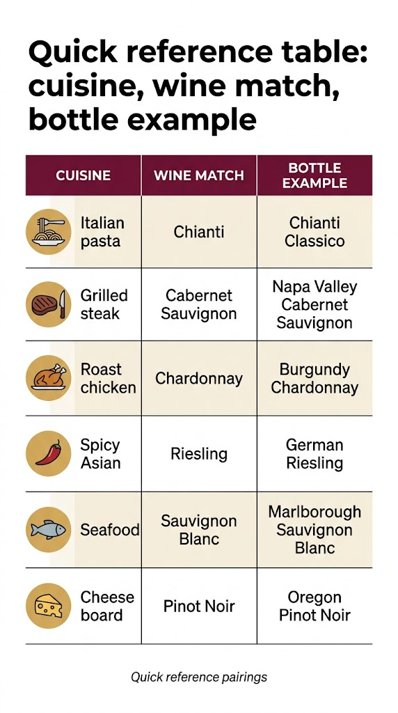 Create a full-bleed vertical infographic in 9:16 aspect ratio with a clean modern editorial style, white background, deep burgundy and warm gold accents, thin charcoal divider lines, and a professional sans-serif font. Place a large bold heading across the top: "Quick reference table: cuisine, wine match, bottle example". Below the heading, design a wide three-column table spanning most of the canvas, with clear column headers in a burgundy band with white text: "CUISINE" "WINE MATCH" "BOTTLE EXAMPLE" Use six horizontal rows with subtle alternating pale cream and white backgrounds. Add a small circular icon at the left of each cuisine row: Italian pasta with a pasta fork icon, grilled steak with a steak knife icon, roast chicken with a roasted chicken icon, spicy Asian with a chili icon, seafood with a fish icon, and cheese board with a cheese wedge icon. Fill the table text exactly as follows: "Italian pasta" | "Chianti" | "Chianti Classico" "Grilled steak" | "Cabernet Sauvignon" | "Napa Valley Cabernet Sauvignon" "Roast chicken" | "Chardonnay" | "Burgundy Chardonnay" "Spicy Asian" | "Riesling" | "German Riesling" "Seafood" | "Sauvignon Blanc" | "Marlborough Sauvignon Blanc" "Cheese board" | "Pinot Noir" | "Oregon Pinot Noir" Align all text neatly in each cell with strong spacing and clear hierarchy. Add a small footer note centered at the bottom in italic charcoal text: "Quick reference pairings". Keep the layout balanced, readable, and spacious, with no inset frame and no narrow centered stack.
