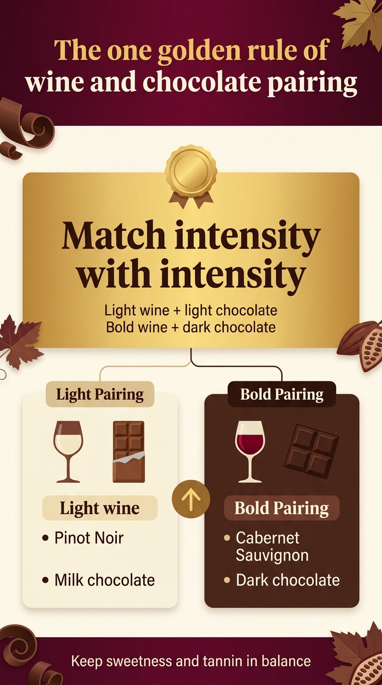 Create a full-bleed vertical infographic in 9:16 aspect ratio with a clean modern editorial style, rich burgundy, dark chocolate brown, warm gold, and cream color palette, subtle gradients, crisp vector shapes, elegant sans-serif fonts with bold headings. Top header spanning full width: large bold title text in gold on deep burgundy background, exact text: "The one golden rule of wine and chocolate pairing". Center of the design: a large horizontal gold band with a circular gold medal icon in the middle and the main rule in very large bold text, exact text: "Match intensity with intensity". Add a small subtitle directly beneath in smaller text: "Light wine + light chocolate" and "Bold wine + dark chocolate". Below the rule, place two side-by-side pairing blocks across the lower half: Left block: a pale cream card with a wine glass icon and milk chocolate bar icon, label at top: "Light Pairing", then two bullet lines: "Pinot Noir" and "Milk chocolate". Right block: a dark cocoa card with a red wine glass icon and dark chocolate squares icon, label at top: "Bold Pairing", then two bullet lines: "Cabernet Sauvignon" and "Dark chocolate". Between the two blocks, include a small gold arrow or balance scale icon pointing to the rule. Add a thin connecting line from the center rule down to both pairing blocks. Bottom footer bar across full width with small text in cream: "Keep sweetness and tannin in balance". Add subtle decorative chocolate curls, grape leaves, and cocoa bean accents in corners. Use strong visual hierarchy, clean spacing, professional infographic layout, no border frame, no extra text.