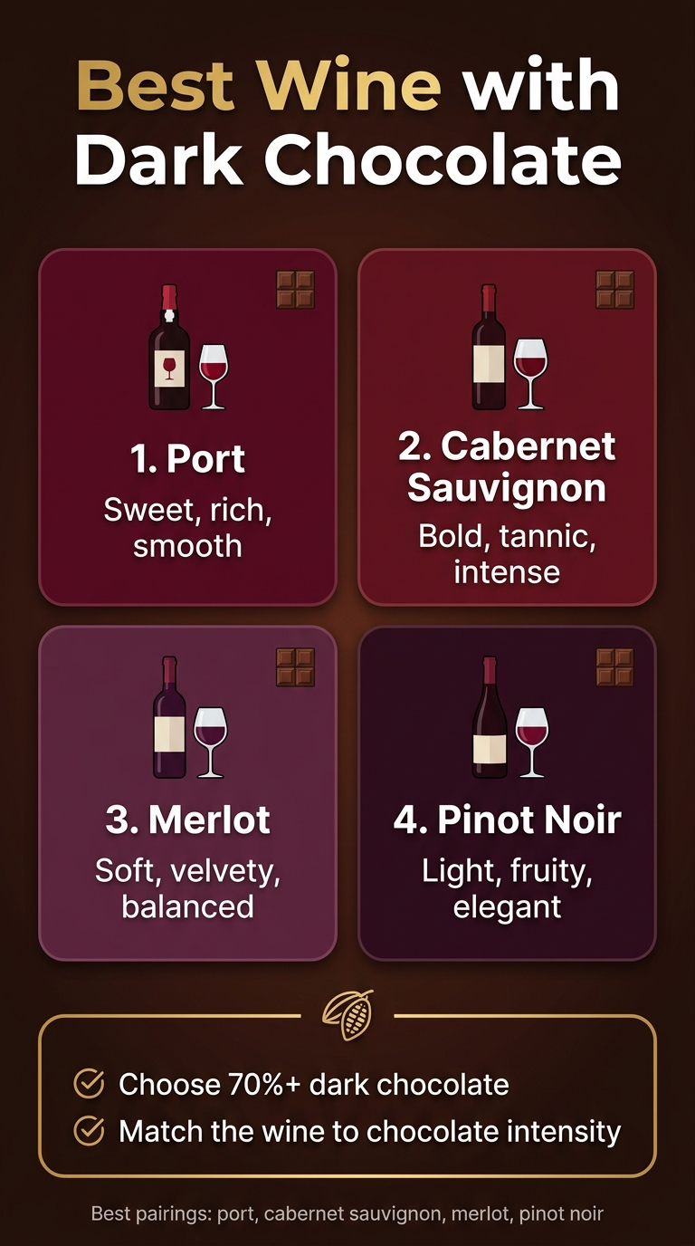 Vertical 9:16 full-bleed infographic, clean modern premium style, dark elegant background with subtle chocolate-brown and burgundy gradients, gold accents, crisp white text, sans-serif font with bold heading. Top header across full width: large bold title in gold and white text, exactly: "Best Wine with Dark Chocolate" Below the title, a wide 2x2 grid of four rounded rectangular content blocks filling most of the canvas, each with a wine glass icon and a small chocolate square icon. Block 1, top left: deep burgundy panel with a red port wine bottle and glass icon, bold label: "1. Port" and smaller text: "Sweet, rich, smooth" Block 2, top right: dark ruby panel with a Cabernet Sauvignon bottle and glass icon, bold label: "2. Cabernet Sauvignon" and smaller text: "Bold, tannic, intense" Block 3, bottom left: plum panel with a Merlot bottle and glass icon, bold label: "3. Merlot" and smaller text: "Soft, velvety, balanced" Block 4, bottom right: black cherry panel with a Pinot Noir bottle and glass icon, bold label: "4. Pinot Noir" and smaller text: "Light, fruity, elegant" Across the lower third, a wide horizontal tip bar with a gold outline and a small cacao bean icon, containing two short callout bullets with check icons: "Choose 70%+ dark chocolate" "Match the wine to chocolate intensity" Add a small footer note centered at the very bottom in small text: "Best pairings: port, cabernet sauvignon, merlot, pinot noir" Use high contrast, neat spacing, subtle shadows, polished editorial infographic layout, no border frame, no extra objects, no people.