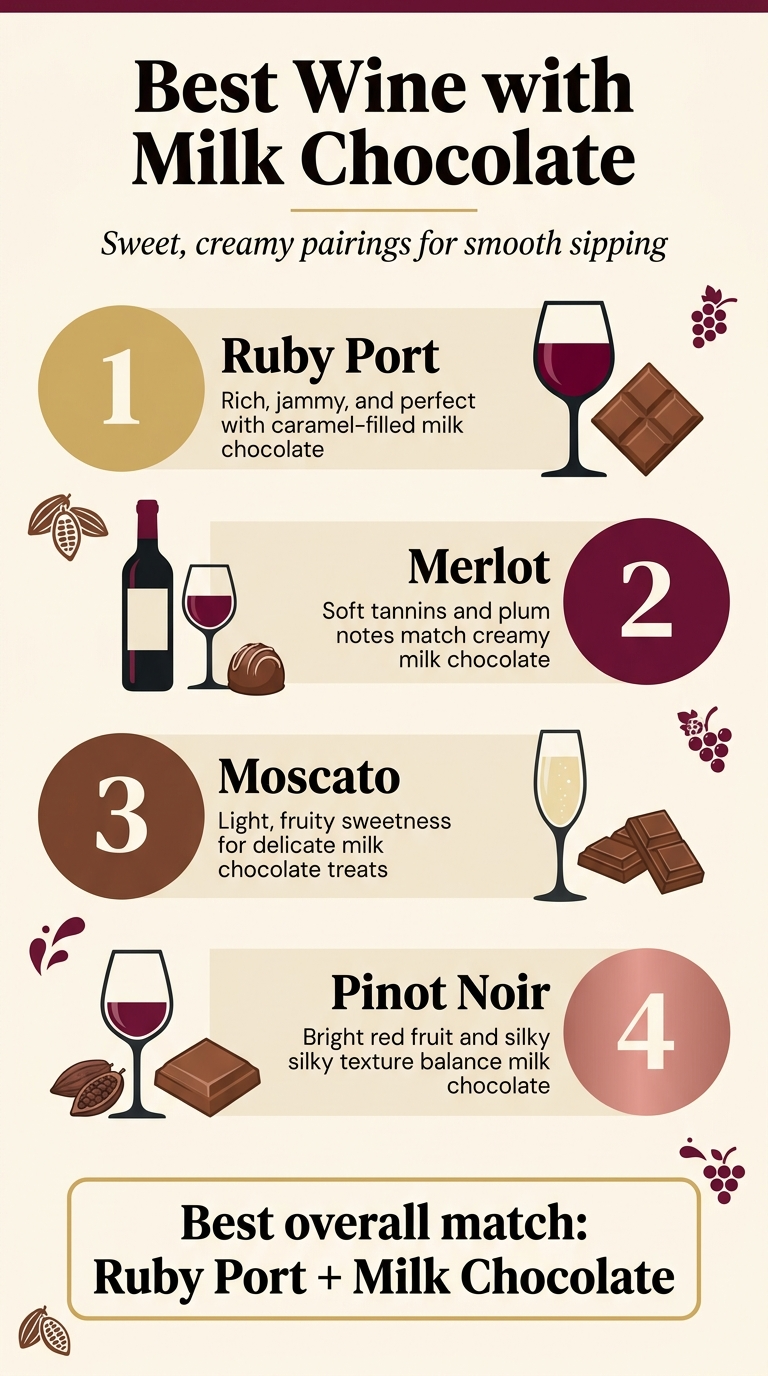 Vertical 9:16 full-bleed infographic on a warm cream background with deep burgundy, milk chocolate brown, soft gold, and muted rose accents; clean modern sans-serif typography with a bold serif-style title. Top banner across full width with large bold text: "Best Wine with Milk Chocolate". Under the title, a small subtitle in elegant italic: "Sweet, creamy pairings for smooth sipping". Main layout: four balanced horizontal content blocks in a 2x2 grid, each with a numbered circle icon, wine bottle/glass icon, and short pairing note. Top left block: Large gold circle with "1" Text: "Ruby Port" Small note: "Rich, jammy, and perfect with caramel-filled milk chocolate" Visual: deep red wine glass next to a square of milk chocolate Top right block: Large burgundy circle with "2" Text: "Merlot" Small note: "Soft tannins and plum notes match creamy milk chocolate" Visual: merlot bottle, wine glass, chocolate truffle Bottom left block: Large chocolate-brown circle with "3" Text: "Moscato" Small note: "Light, fruity sweetness for delicate milk chocolate treats" Visual: pale sparkling wine glass and chocolate bar pieces Bottom right block: Large rose-gold circle with "4" Text: "Pinot Noir" Small note: "Bright red fruit and silky texture balance milk chocolate" Visual: pinot noir glass, cocoa beans, milk chocolate square Across the lower third, a highlighted takeaway bar with a gold outline and the text: "Best overall match: Ruby Port + Milk Chocolate". Add small decorative icons of cocoa beans, grapes, and wine splashes around the sections. Clean professional infographic style, high contrast, organized spacing, polished editorial design, no frame, no border, no watermark.