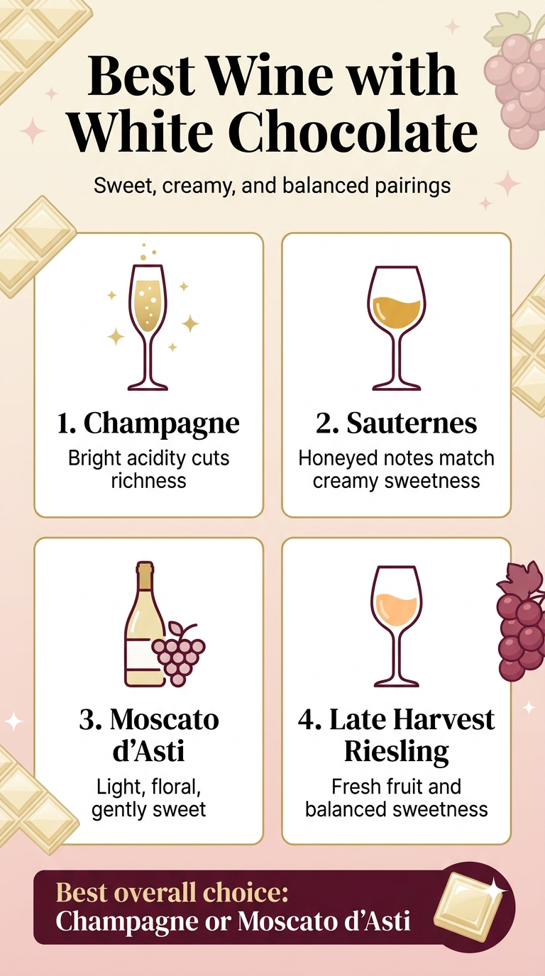 Create a full-bleed vertical infographic in 9:16 aspect ratio about wine pairing with white chocolate. Use a clean, modern editorial style with a cream, soft gold, blush pink, and deep burgundy color palette. Bold elegant serif title at the top: "Best Wine with White Chocolate". Use a wide, multi-section layout with 4 horizontal pairing blocks across the middle and lower area, not a narrow centered stack. Top section: - Large heading centered at the top in dark burgundy. - Small subtitle under the heading in clean sans-serif: "Sweet, creamy, and balanced pairings" Main content section in four numbered blocks arranged in two rows of two: 1. Left top block: a sparkling wine flute icon with gold bubbles, label text: "1. Champagne" and smaller text: "Bright acidity cuts richness" 2. Right top block: a dessert wine glass icon with honey-gold liquid, label text: "2. Sauternes" and smaller text: "Honeyed notes match creamy sweetness" 3. Left bottom block: a light wine bottle and grape icon, label text: "3. Moscato d'Asti" and smaller text: "Light, floral, gently sweet" 4. Right bottom block: a pale dessert wine glass icon with apricot tones, label text: "4. Late Harvest Riesling" and smaller text: "Fresh fruit and balanced sweetness" Bottom strip: - A highlighted recommendation band spanning the width with a dark burgundy background and cream text: "Best overall choice: Champagne or Moscato d'Asti" - Add a small white chocolate square icon with a glossy shine next to the band. Design details: - Use crisp typography, strong hierarchy, and clean iconography. - Add subtle white chocolate squares, wine grapes, and soft sparkle accents in the background. - Use rounded rectangular cards with thin gold outlines for each pairing block. - Keep spacing balanced and professional, with clear readable text and no extra elements.